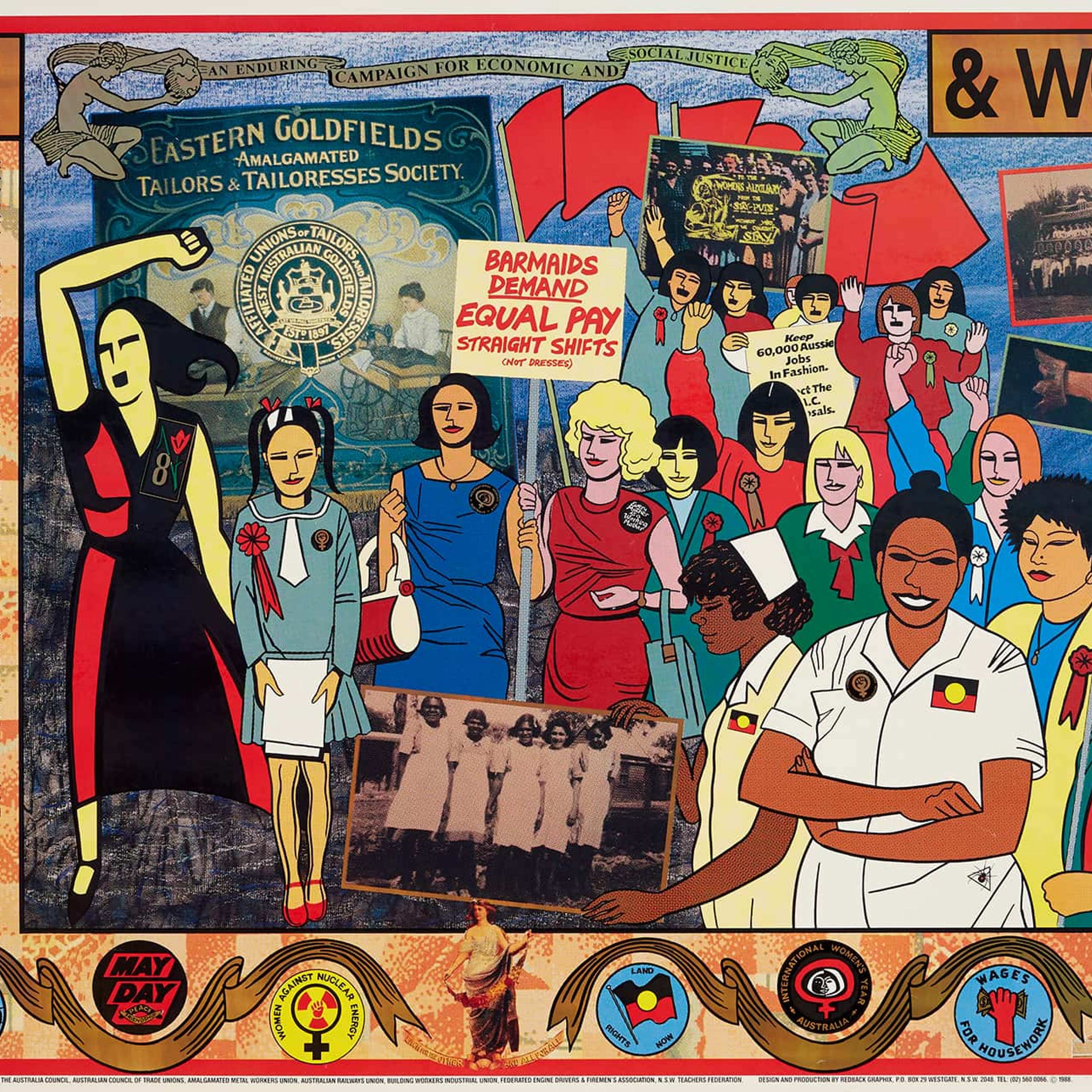 A poster of women of different nationalities protesting their right to work in a handdrawn artwork