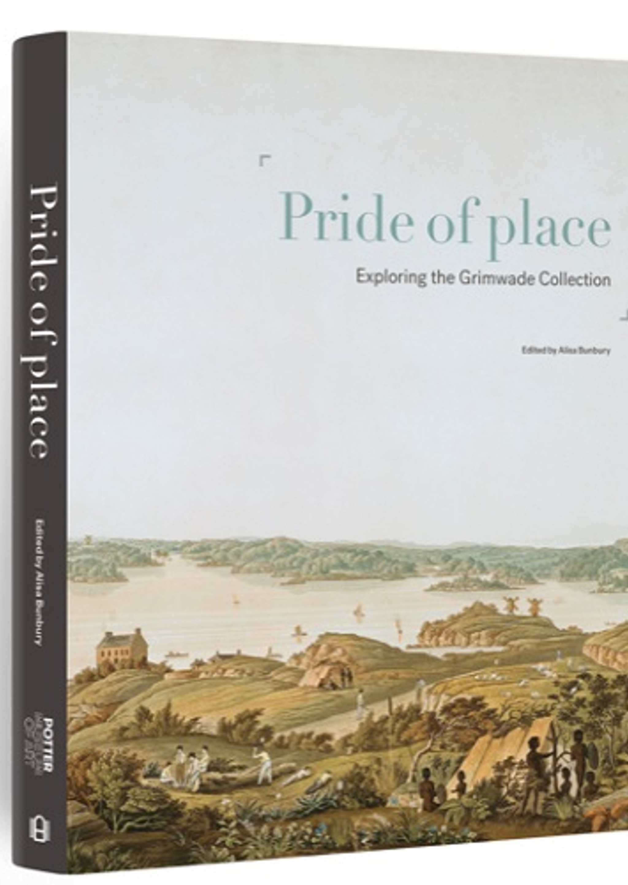 A book titled Pride of Place: Exploring the Grimwade Collection, edited by Alex Burberry. The cover features a historical landscape painting with rolling hills, trees, buildings, and distant water.