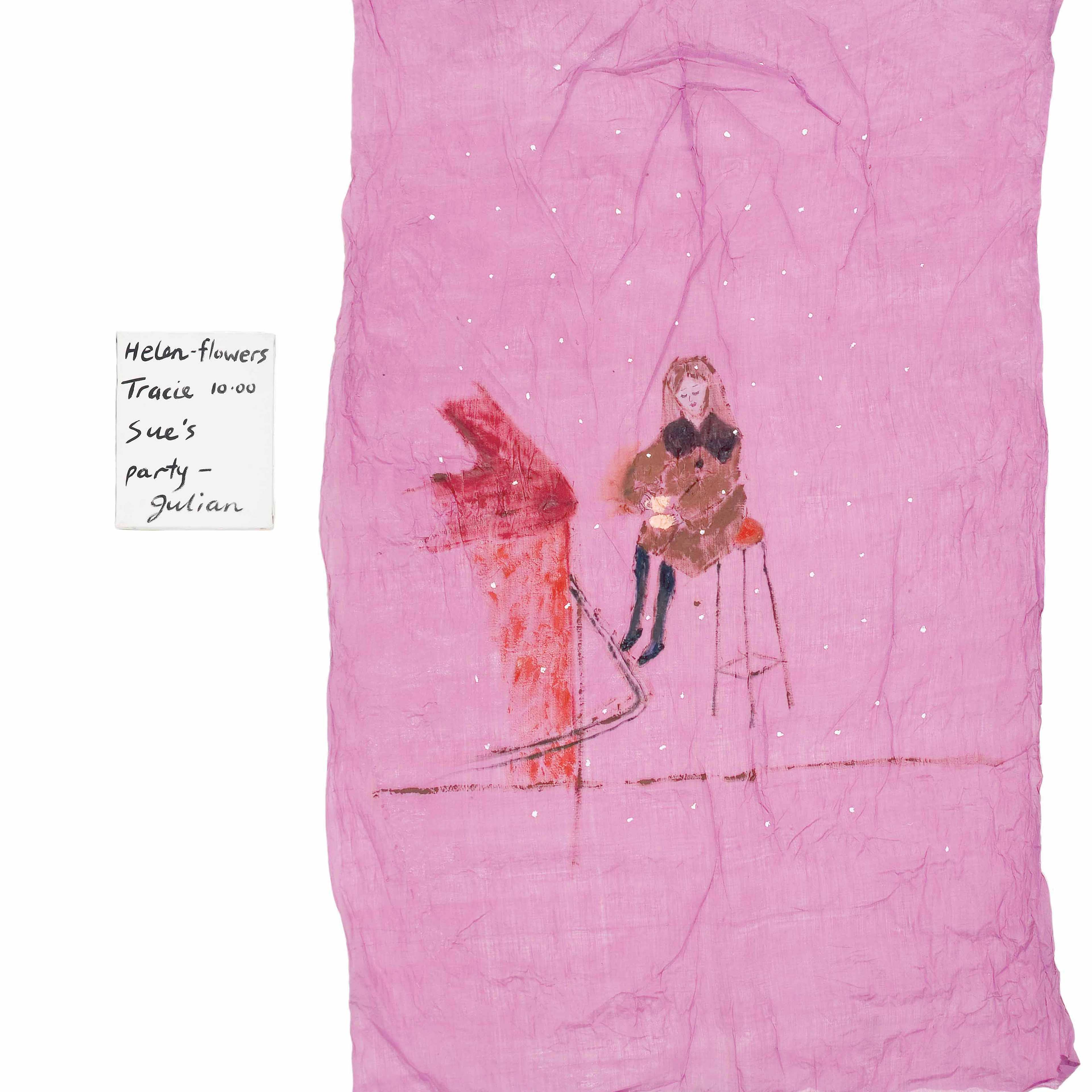 A painting with cartoon-like figure on a pink unmounted piece of fabric with two smaller paintings of a horse's head and a sign