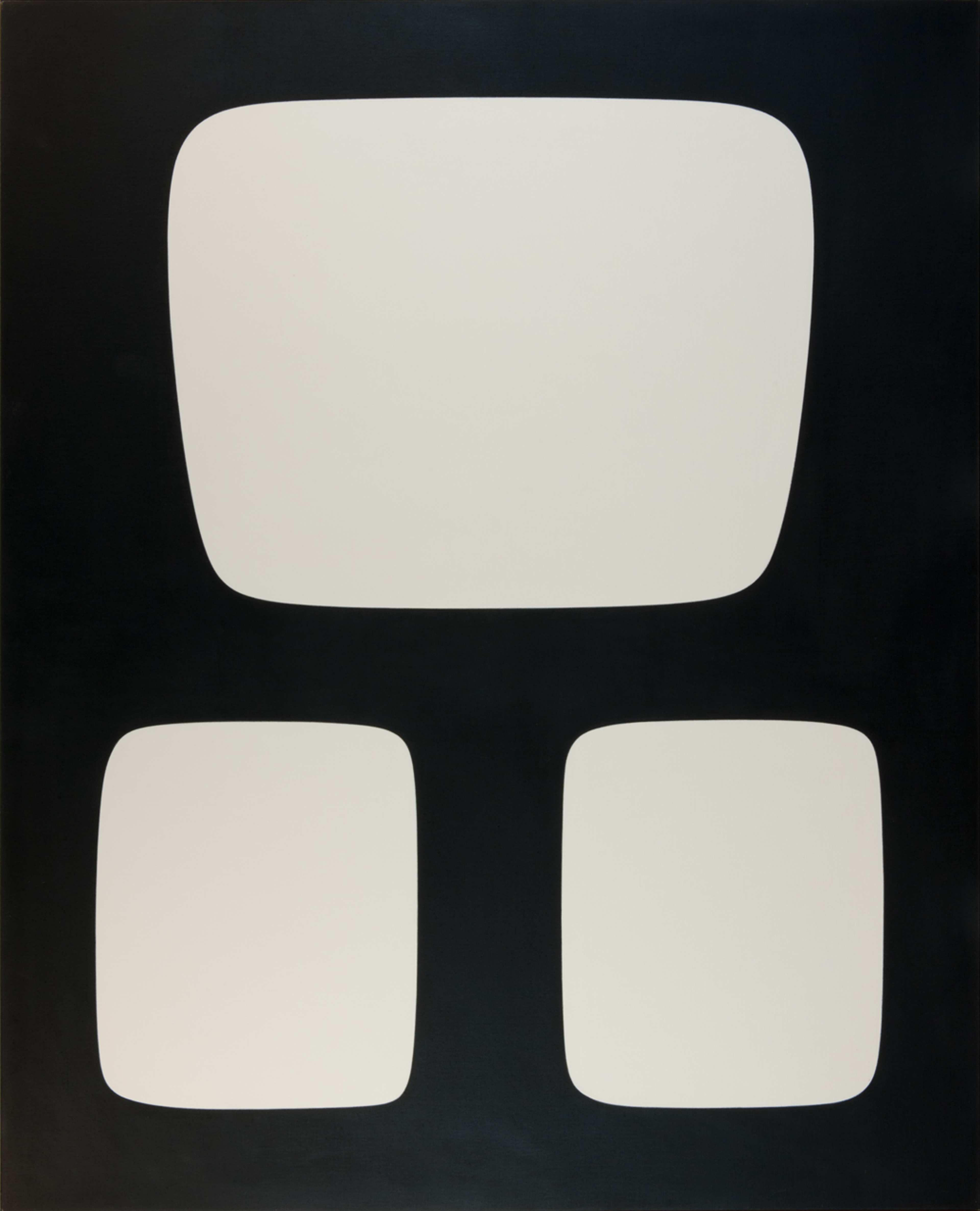 An abstract painting featuring three white rectangular shapes with rounded corners floating against the black background