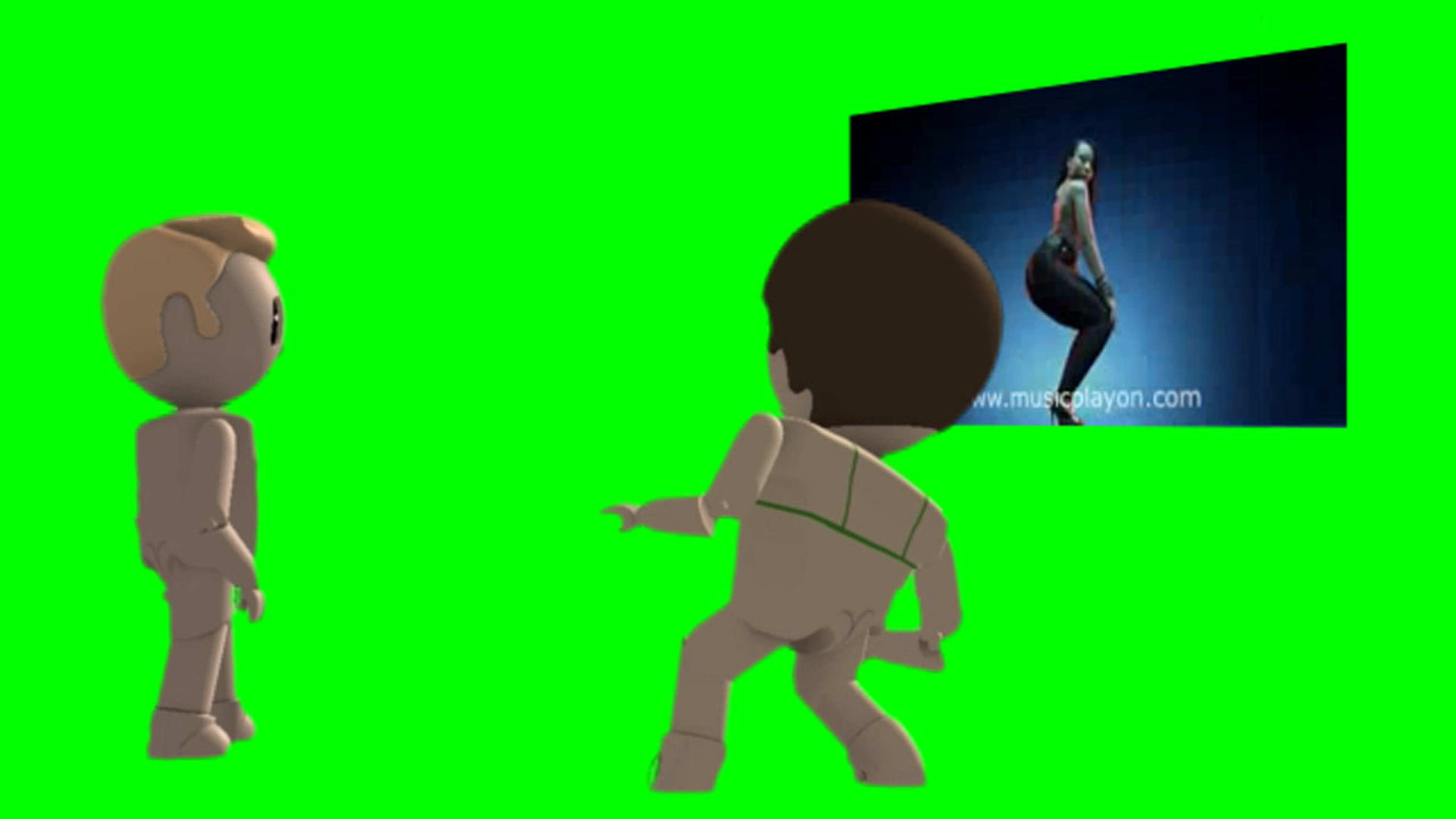 A still from an animated video featuring two lego-like figures and a screenshot of a dancer, possibly twerking. One of the figures is attempting to mimic dancer's movements while the other looks on.
