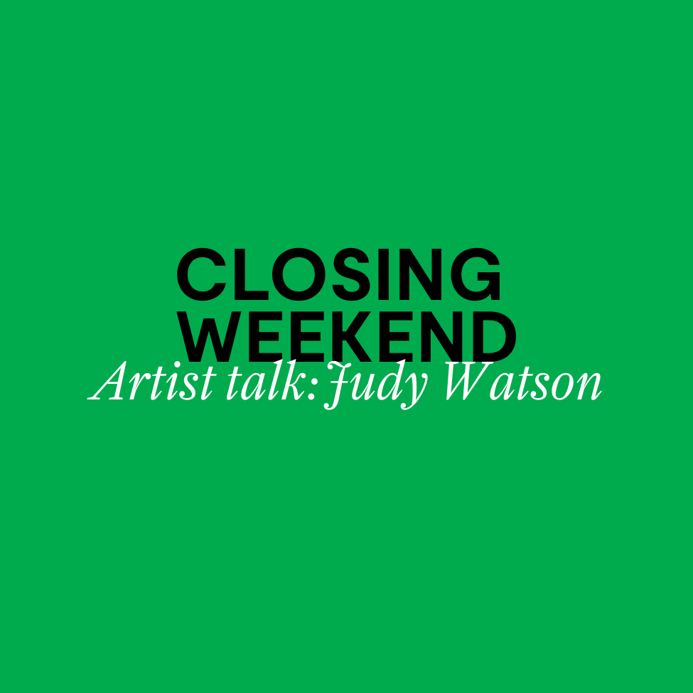 A green card with text Closing weekend in black text. Artist Talk: Judy Watson in white text