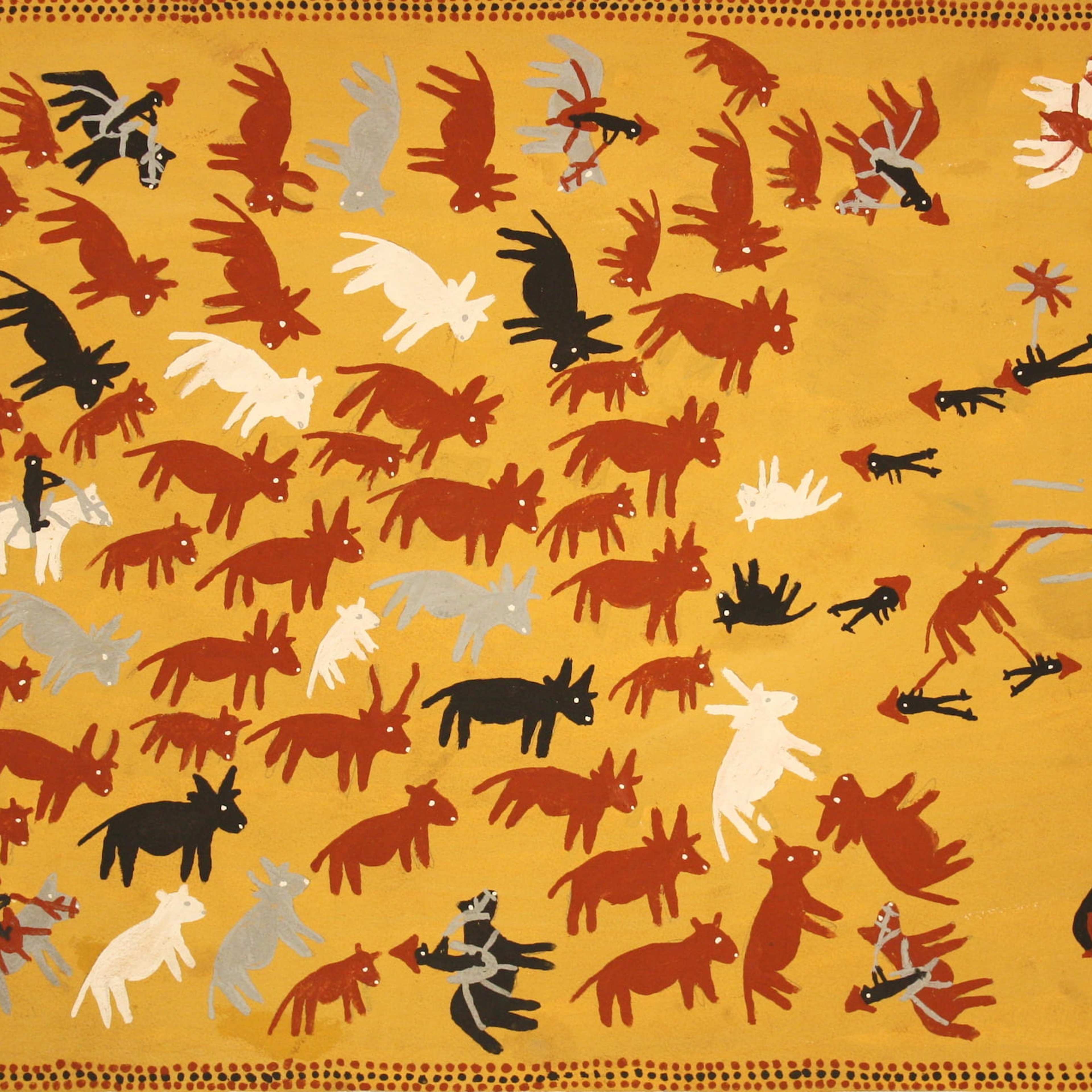 A paining of red, white, grey and black cattle, musters and horses on yellow background as seen from above