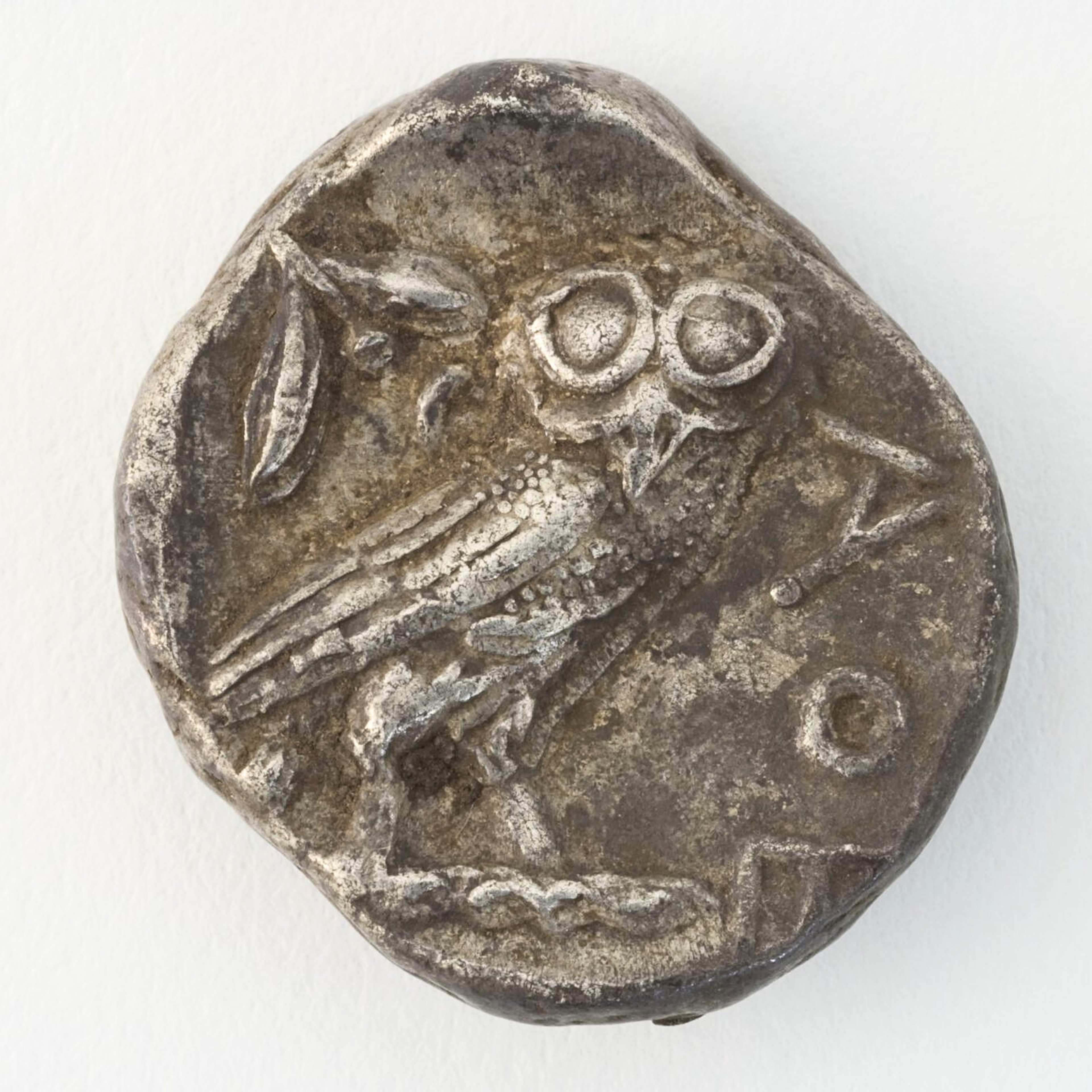 A photograph of an ancient irregular-shaped coin in silver metal with a profile of an owl on the front