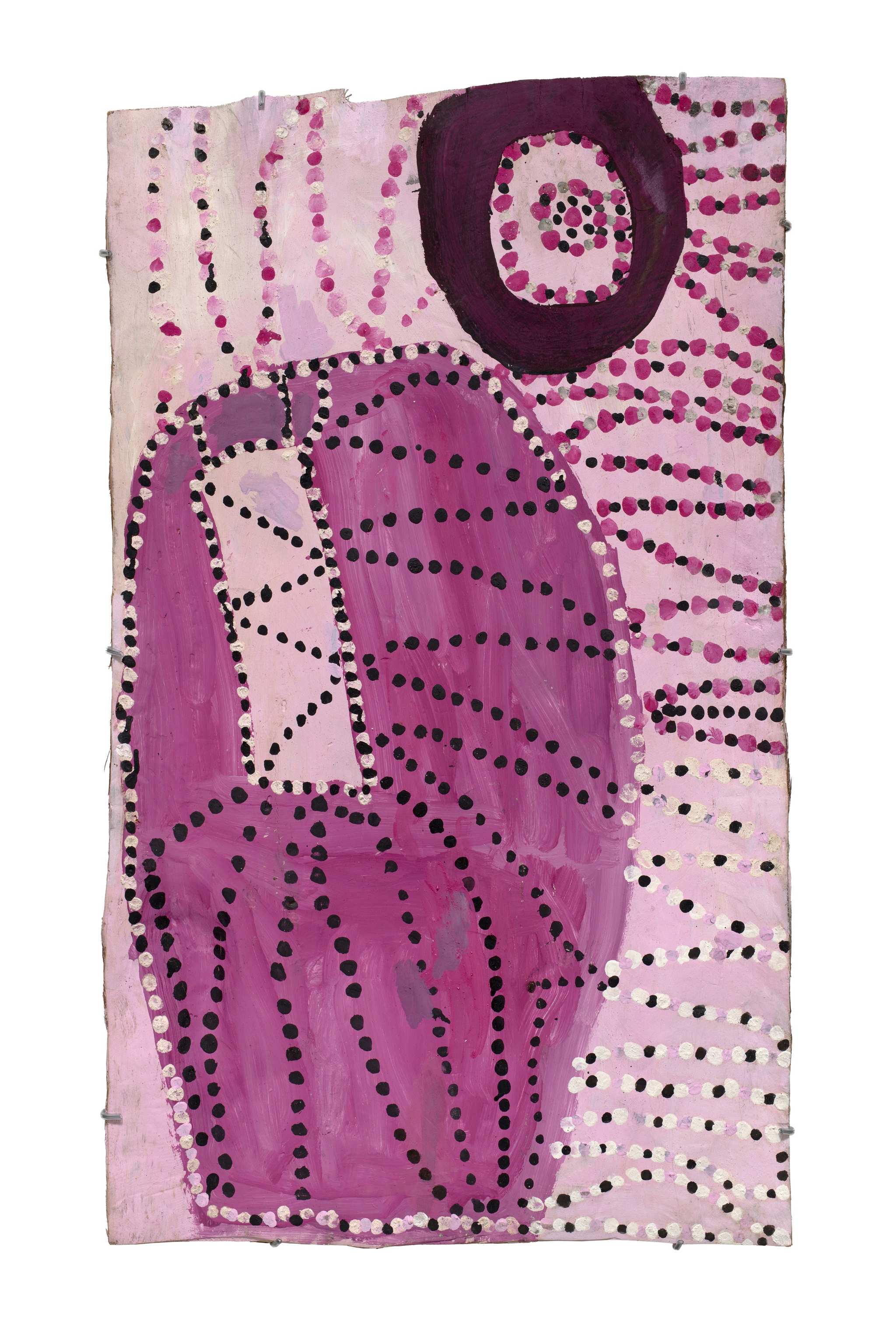 Earth and fuchsia coloured painting on stringybark. Abstract artwork featuring a large, irregular purple shape with black dot patterns, a circular maroon motif at the top right, and lines of colourful dots on a light pink background.