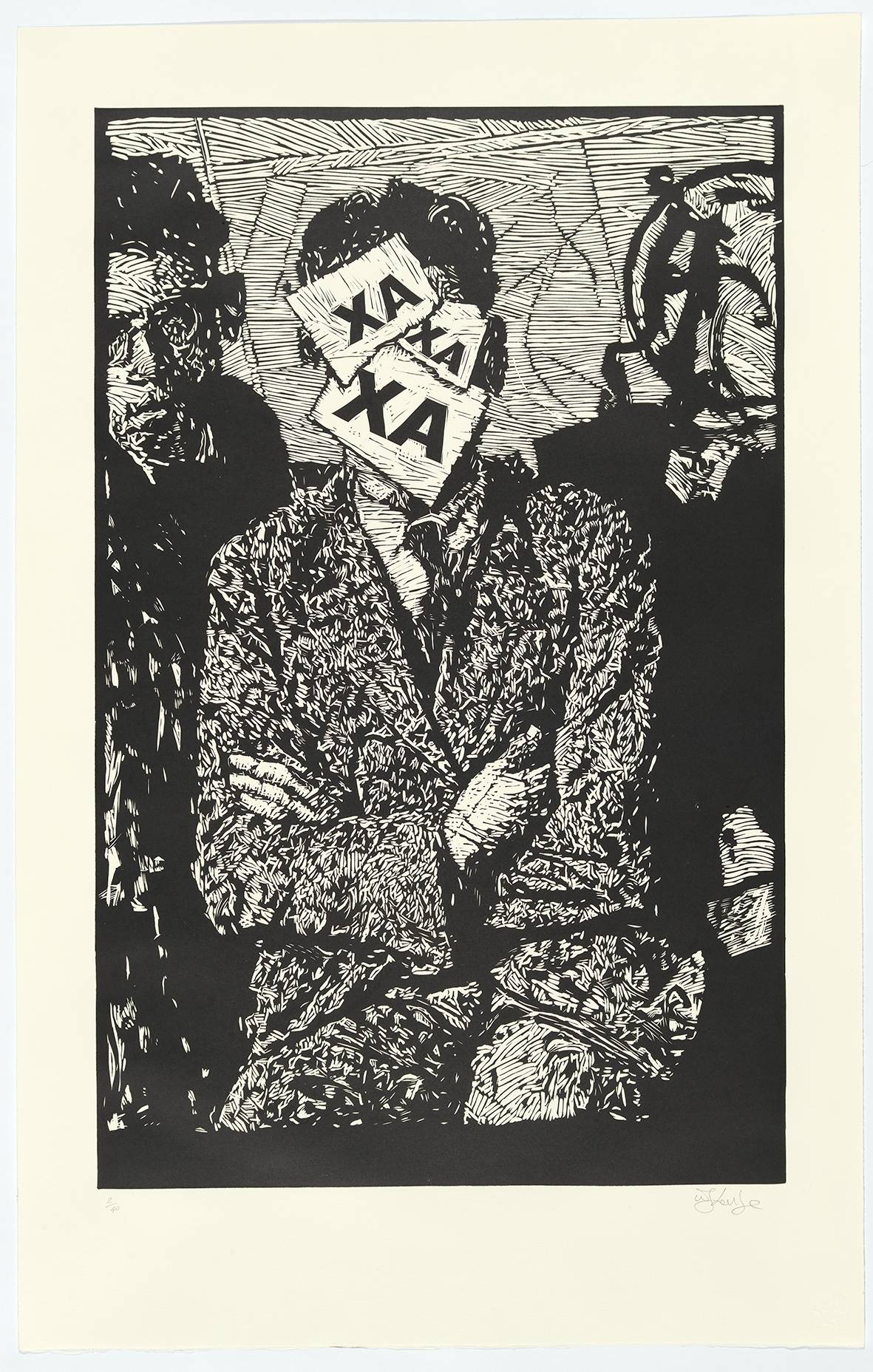 A black and white print showing two figures, the one in the centre of the image is dressed in a suit, has arms folded at the chest and their face is obscured by three overlapping tablets, each displaying letters 'XA'  