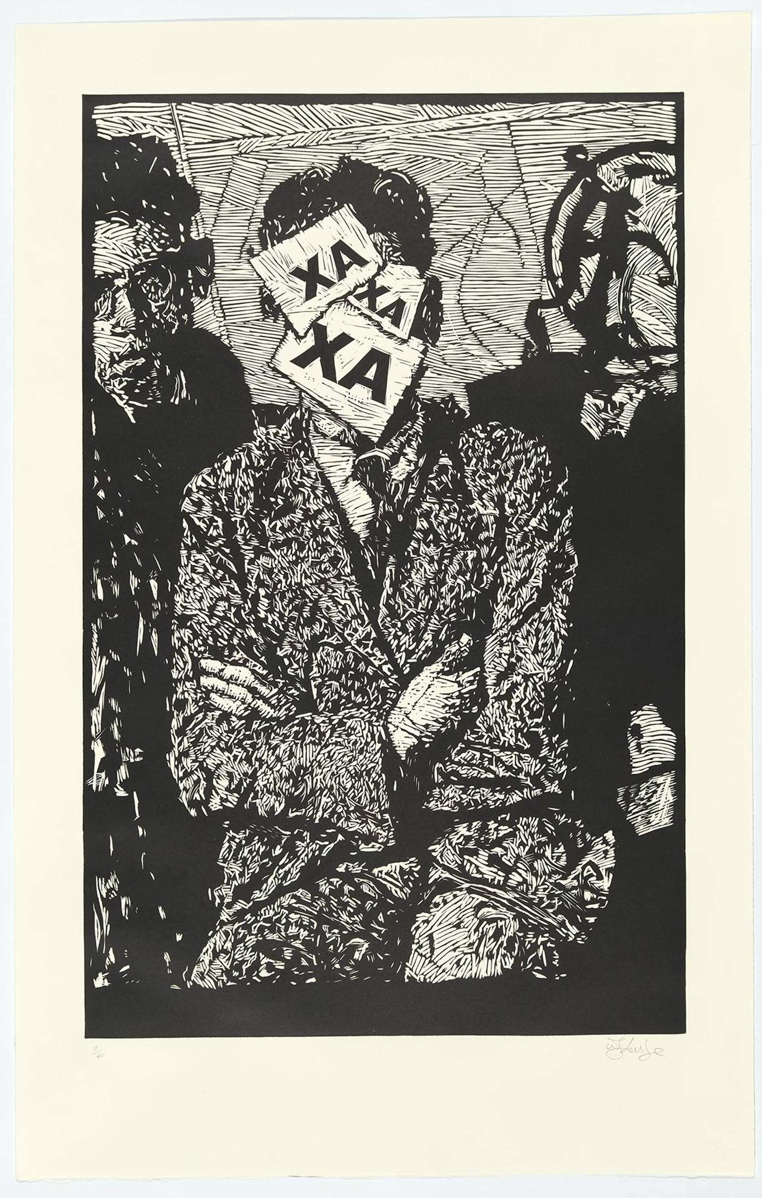 A black and white print showing two figures, the one in the centre of the image is dressed in a suit, has arms folded at the chest and their face is obscured by three overlapping tablets, each displaying letters 'XA'
