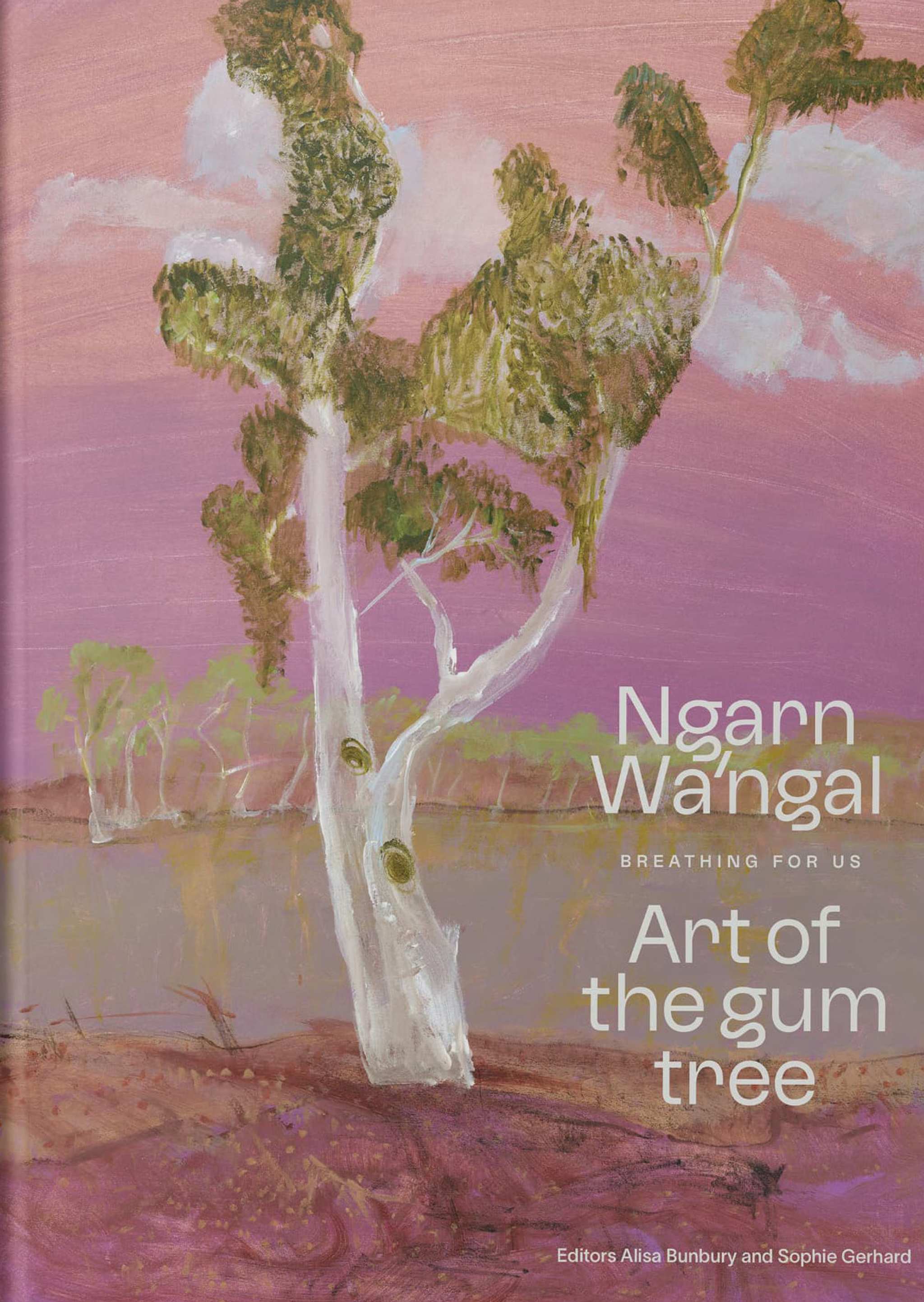 A book titled Ngan’ng Wanggali: Art of the gum tree featuring painted gum trees against a pink and purple background, placed on a plain light gray surface.