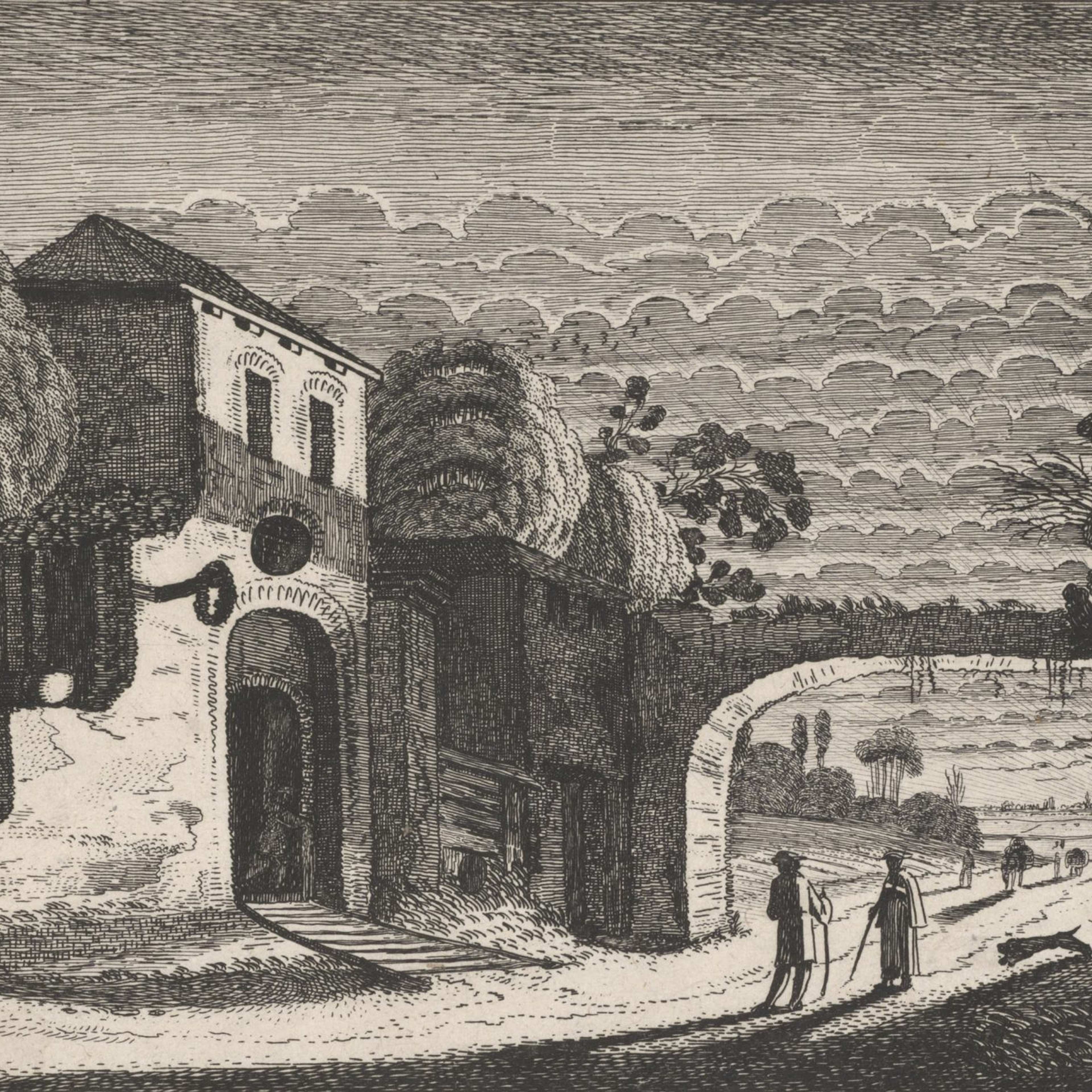 An etching of a landscape with two figures moving along curving road with a two-storey building on their left and a bridge ahead of them