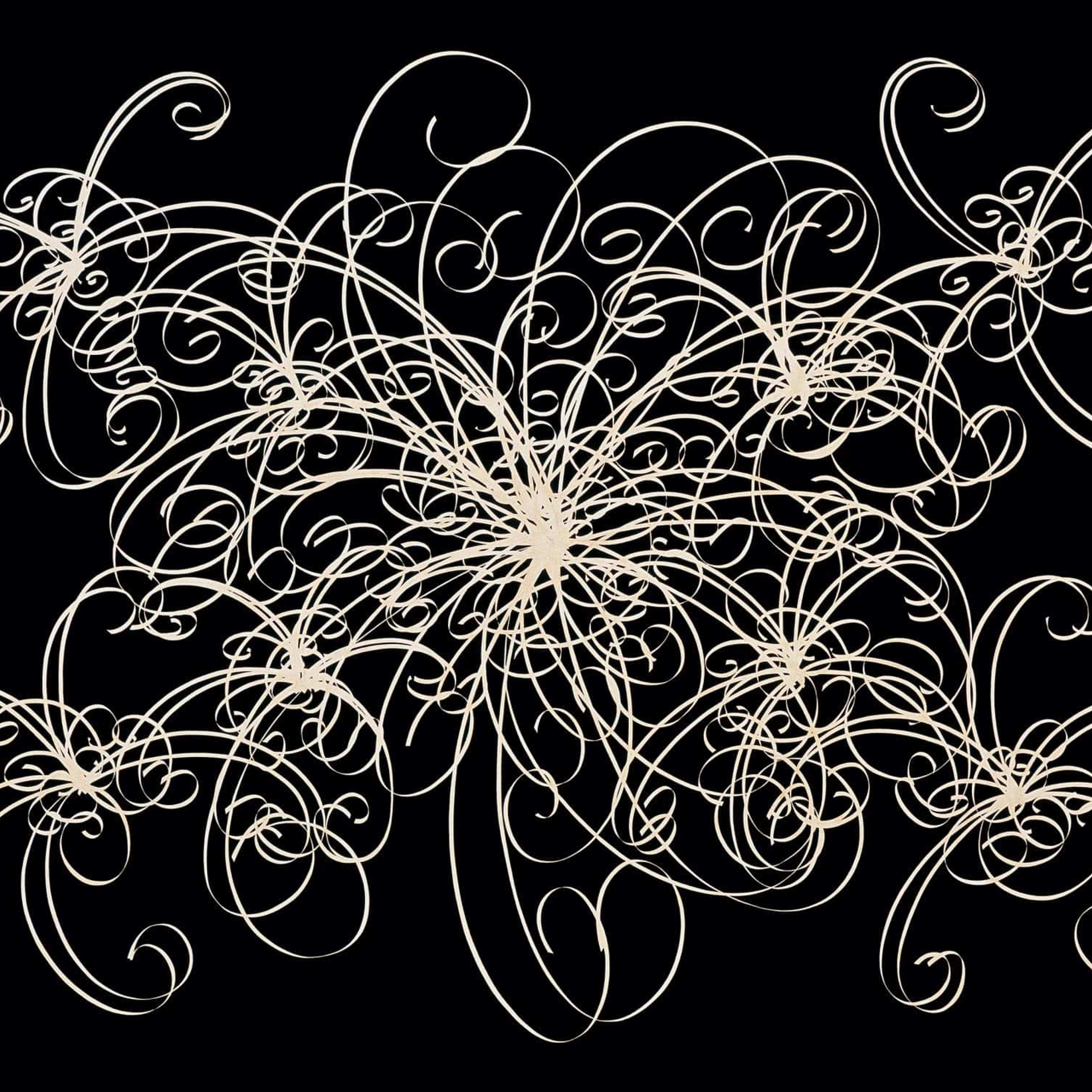 Abstract image of light swirling lines emanating from the centre of the black background