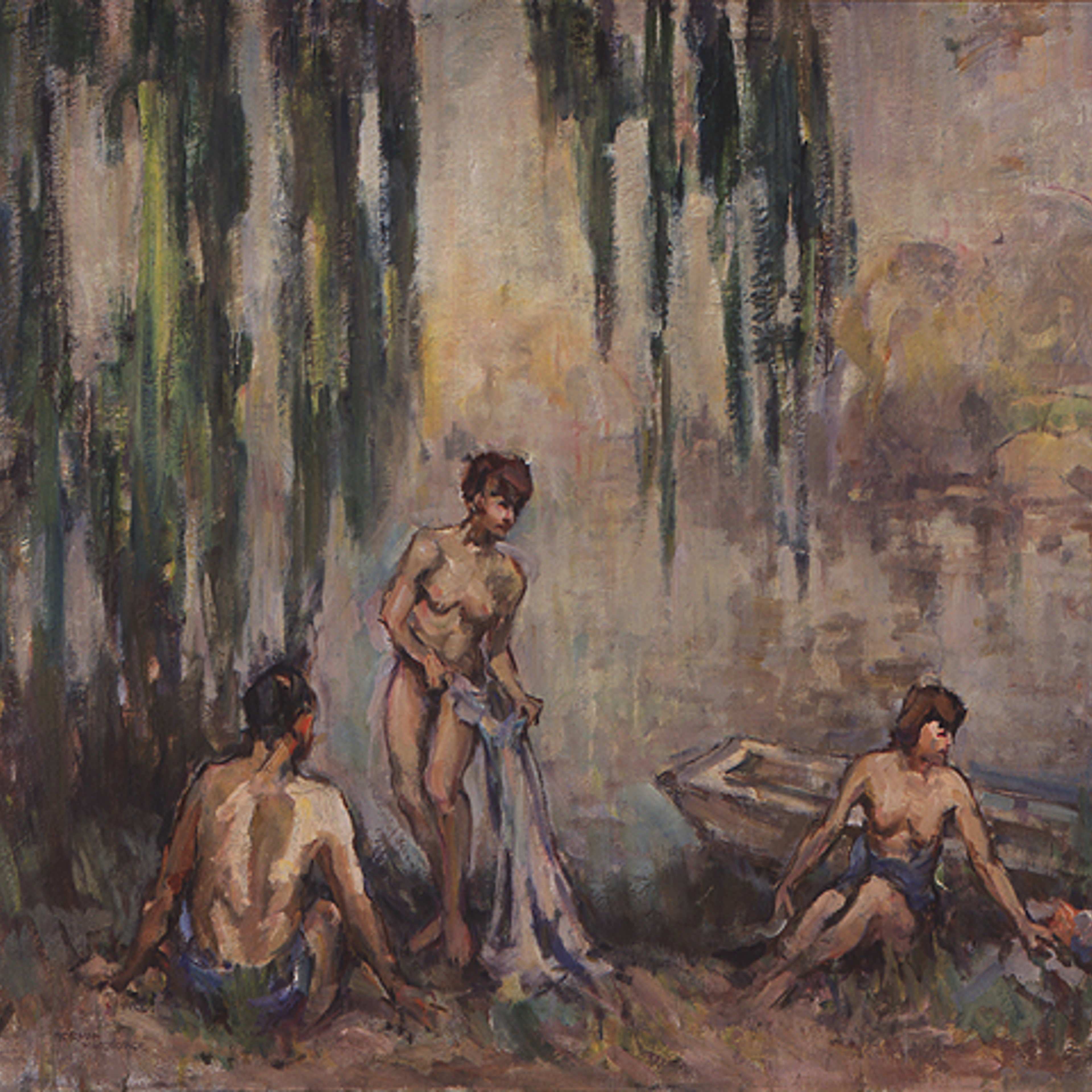 A painting featuring three figures in bathing suits in different poses on the bank of the river with tree branches coming down from above