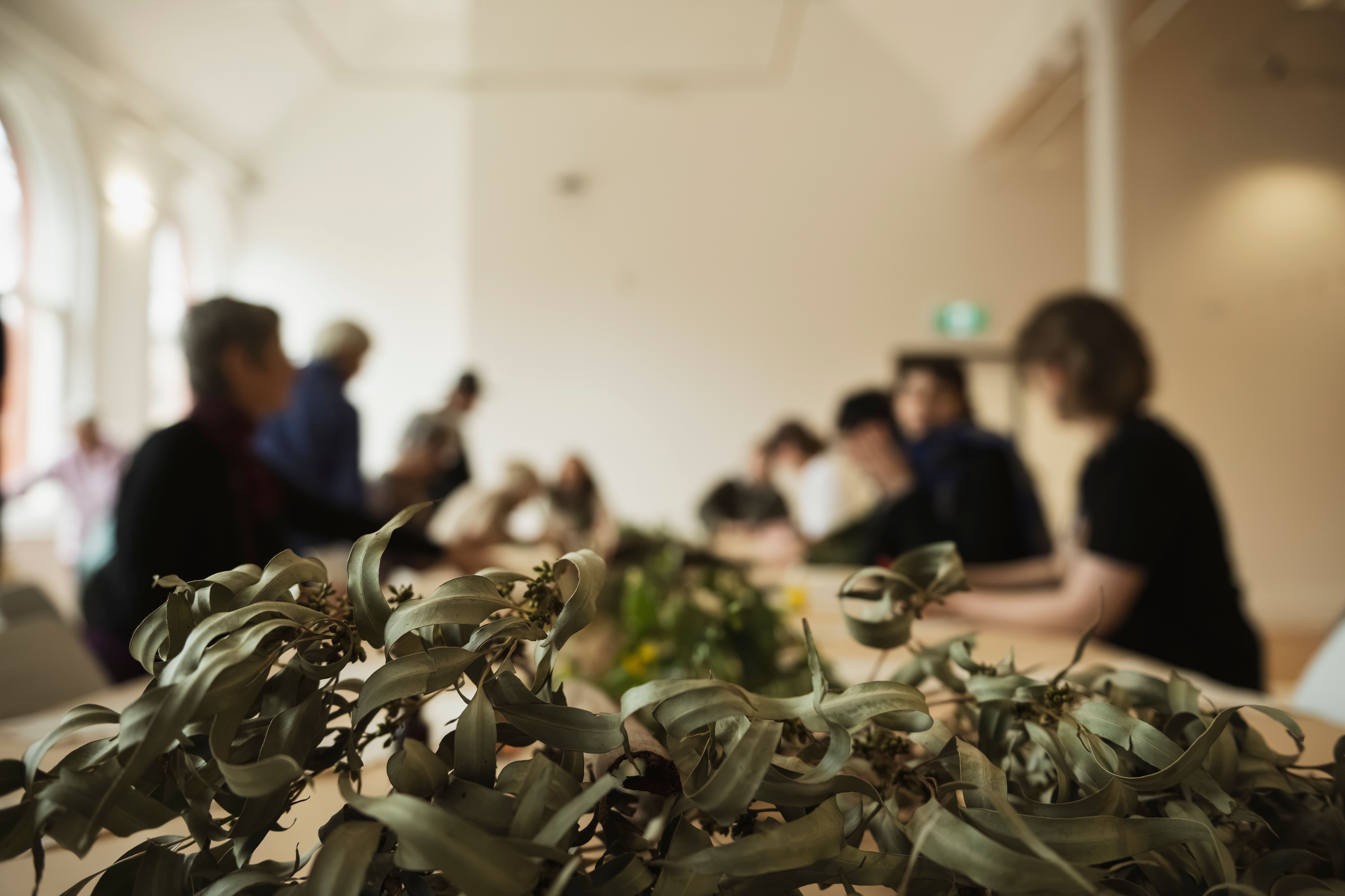 A pile of gum leaves sits on a table with figures in background