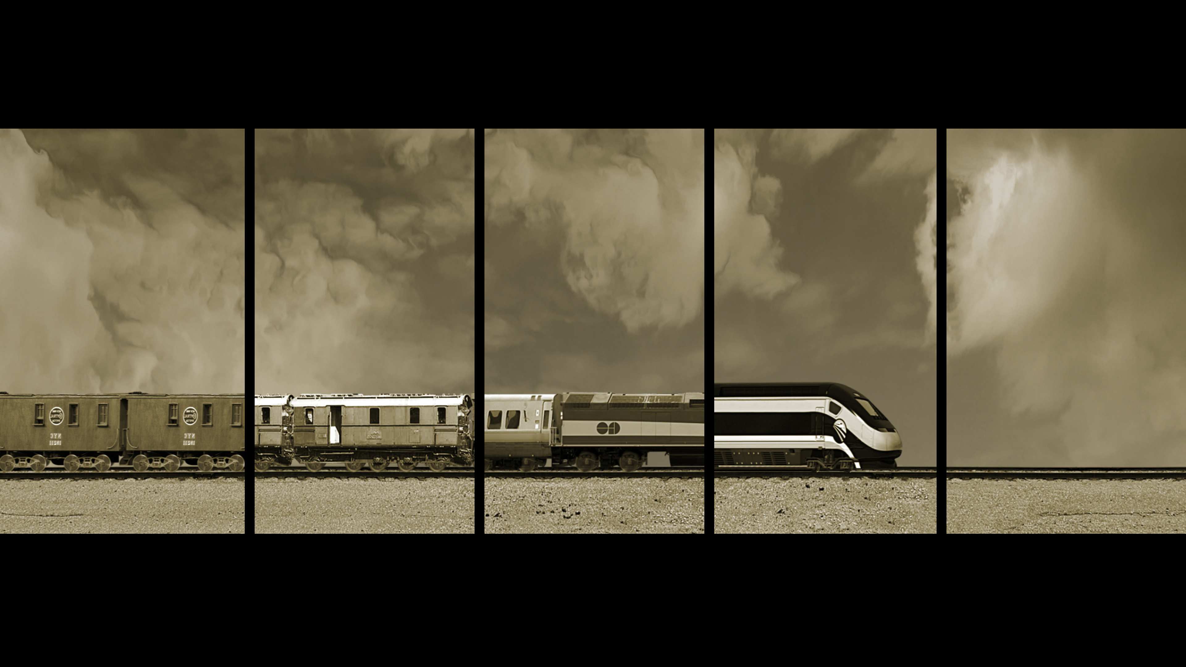 A collage of photographic images of train carriages from different eras forming a single train moving from the left side image to the right