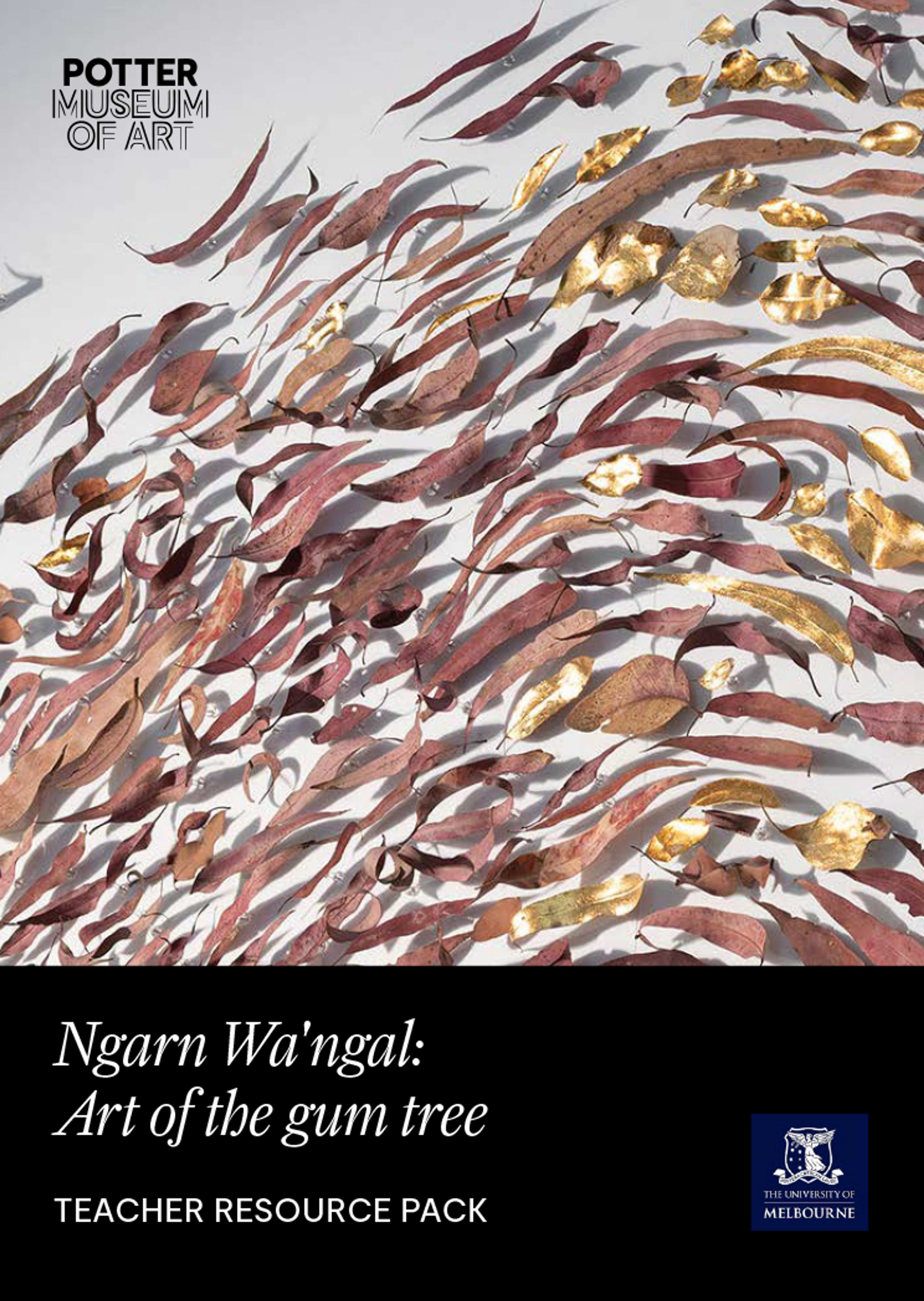 Cover of a teacher resource pack titled Ngarn Wangal: Art of the gum tree with an artwork of swirling leaves and gold elements. Logos for Potter Museum of Art and University of Melbourne are visible.