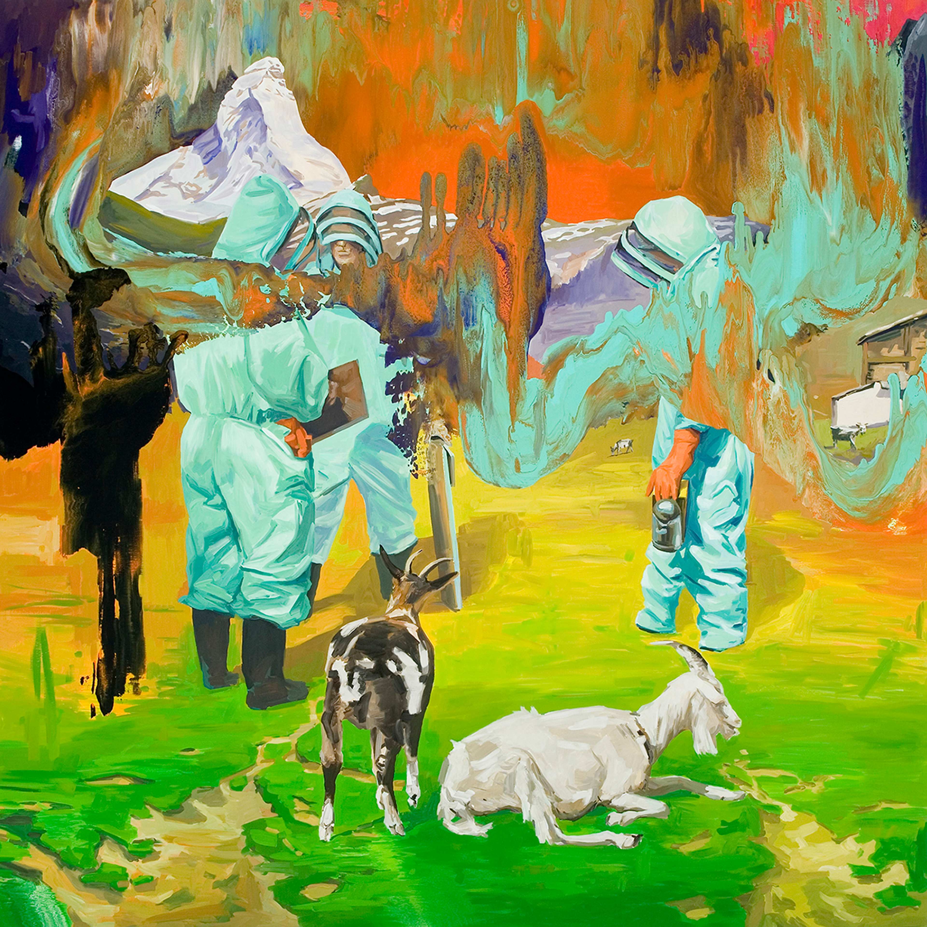 A painting of three figures in aqua blue bee-keeper's overalls standing against a lurid-coloured landscape disintegrating into colourful smears. Two goats rest in the foreground.