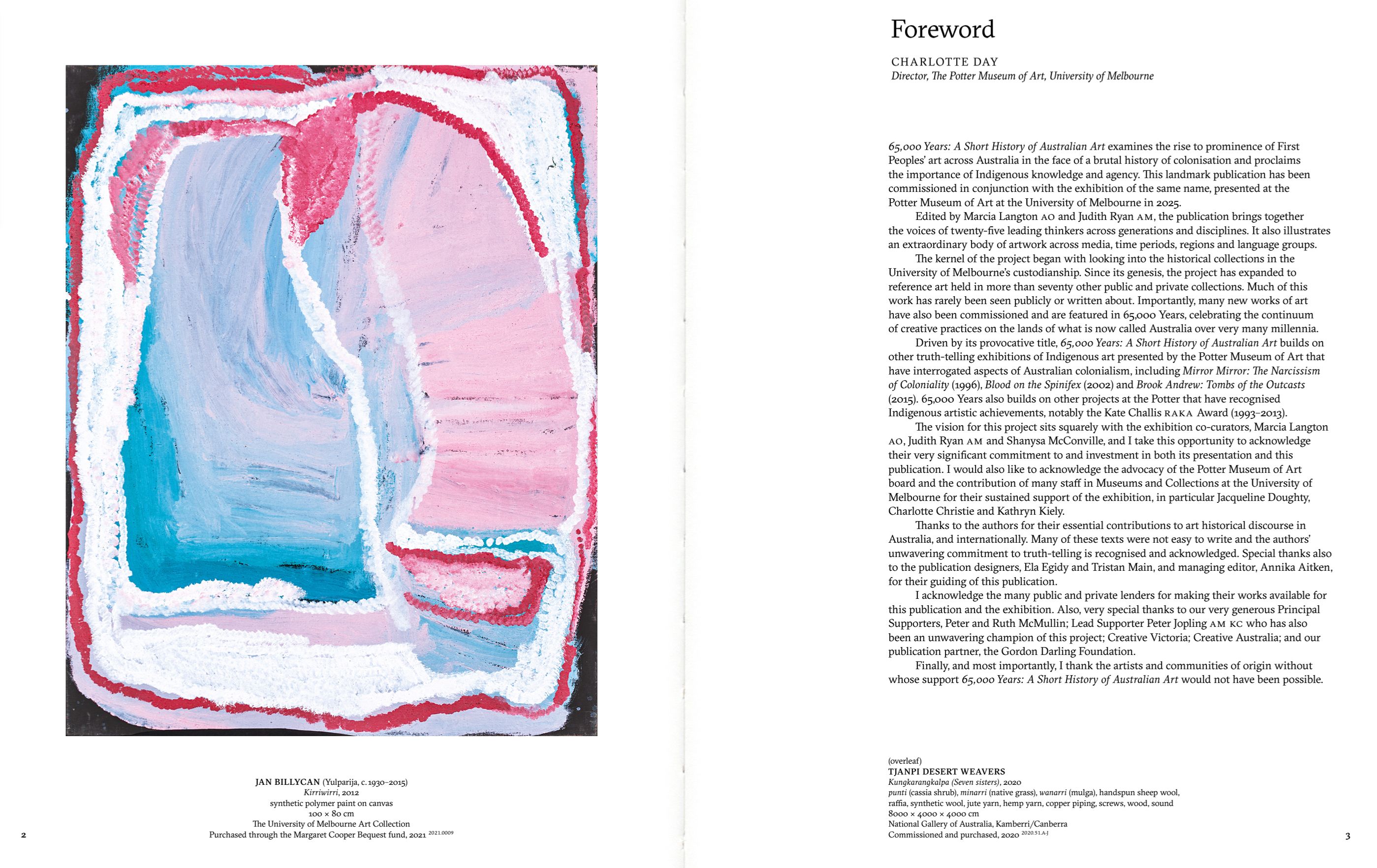 Abstract painting in pastel pink, blue, and white tones is on the left, with textured, layered brushstrokes forming organic shapes. On the right is a foreword text in black serif font on a white background.