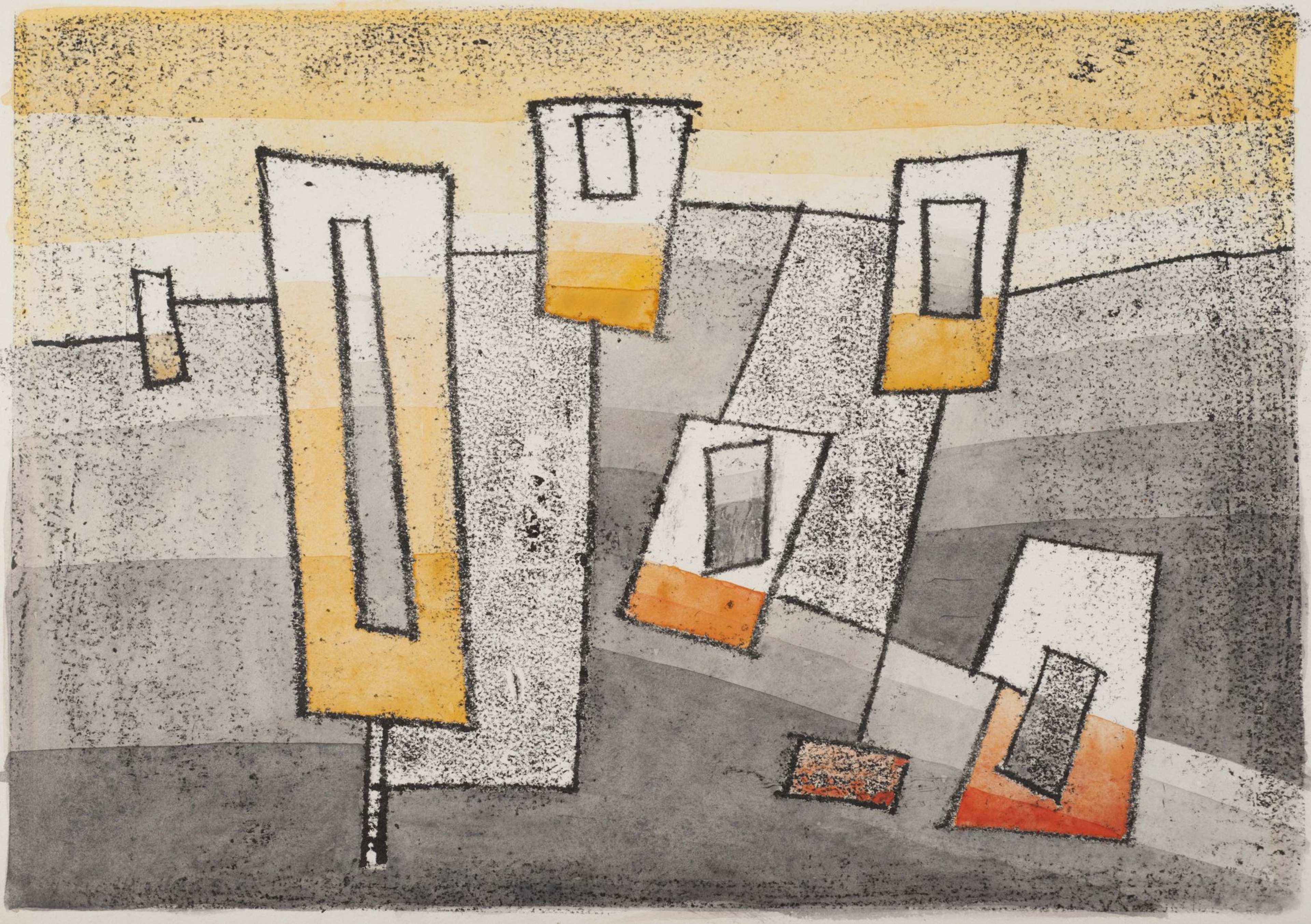 An abstract colour drawing featuring overlapping rectangular frames in shades of yellow, orange and grey