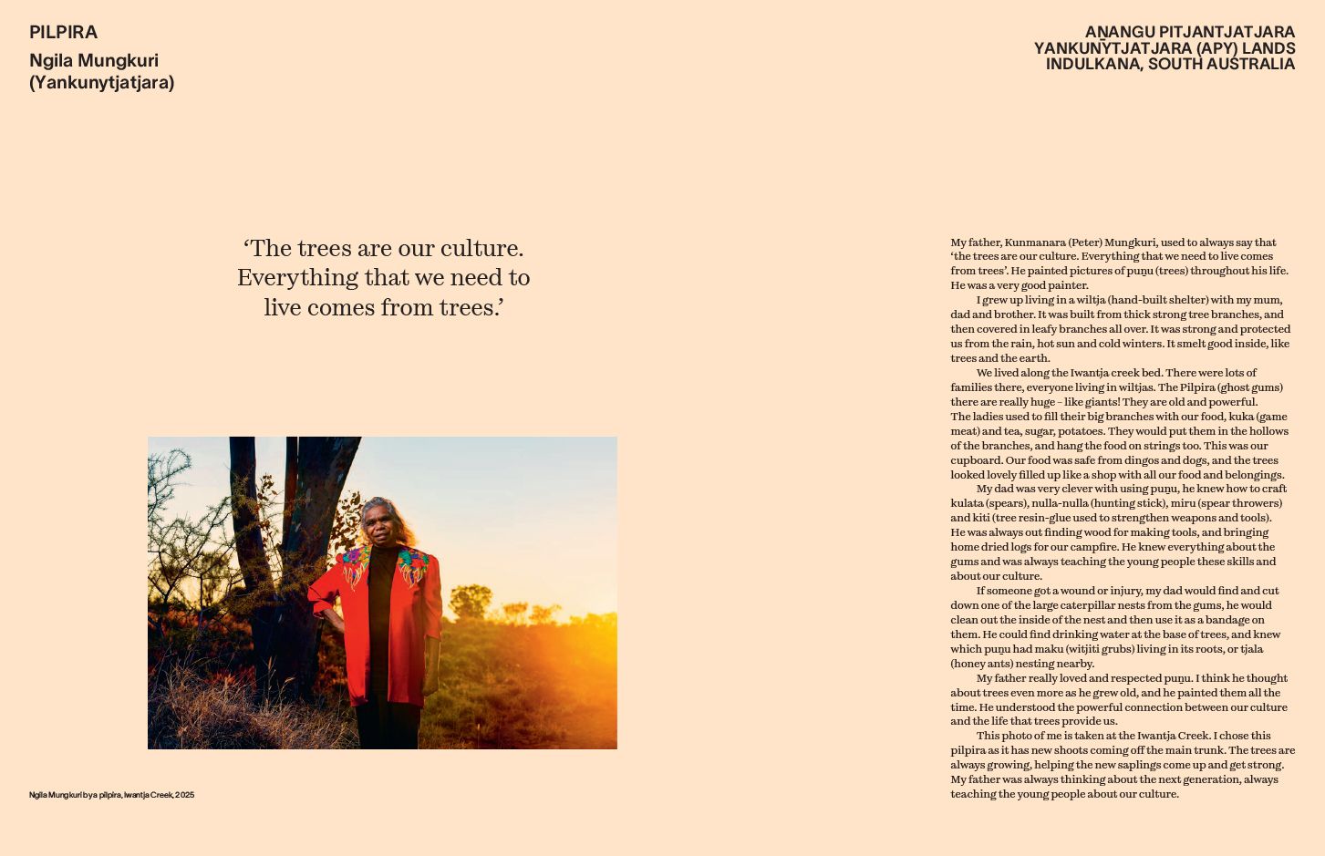 A person in a red coat stands outdoors by a tree at sunset, looking into the distance. Text appears on the left, including a quote about the importance of trees, and a story is printed on the right side of the image.