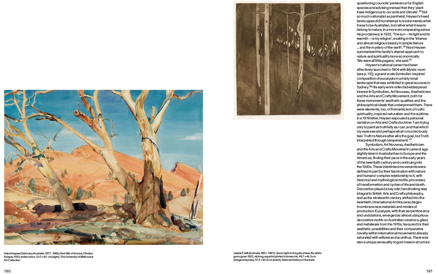 Two landscape paintings of Australian bushland with eucalyptus trees. The left image is colorful, showing pale trees and a red hill. The right image is more muted, with tall trees and soft brownish tones. Text columns appear between and beside the images.