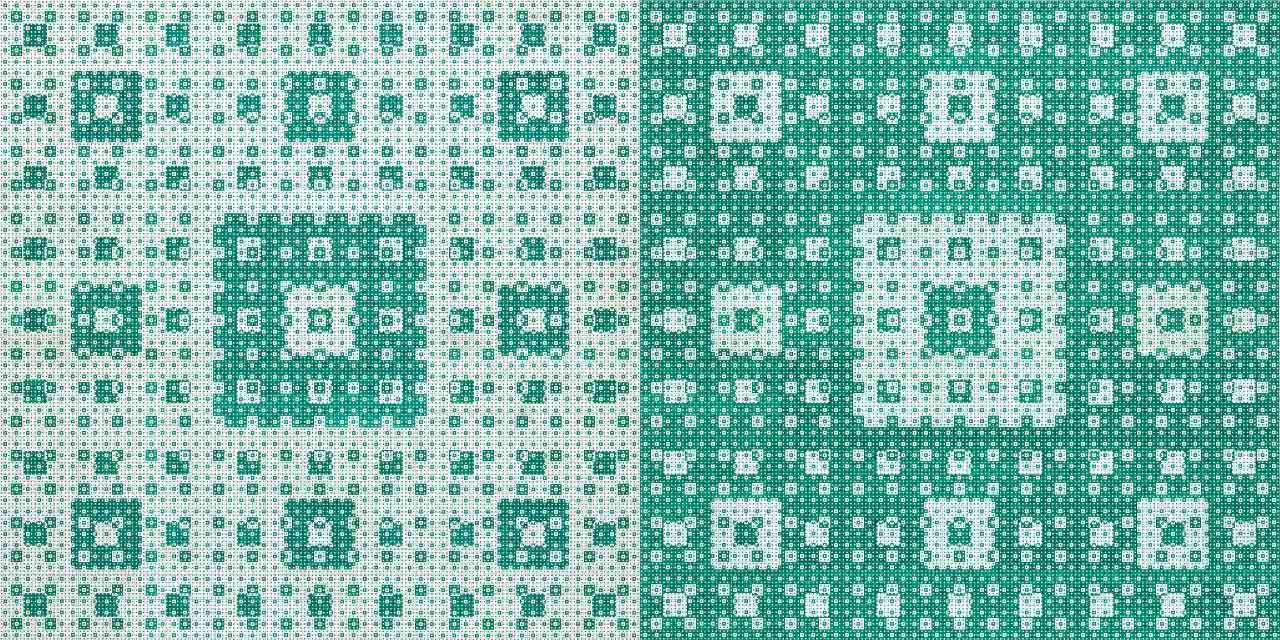 A green  nd white abstract drawing with kaleidoscope-like pattern. Two parts, left and right, appear to be inversions of each other.