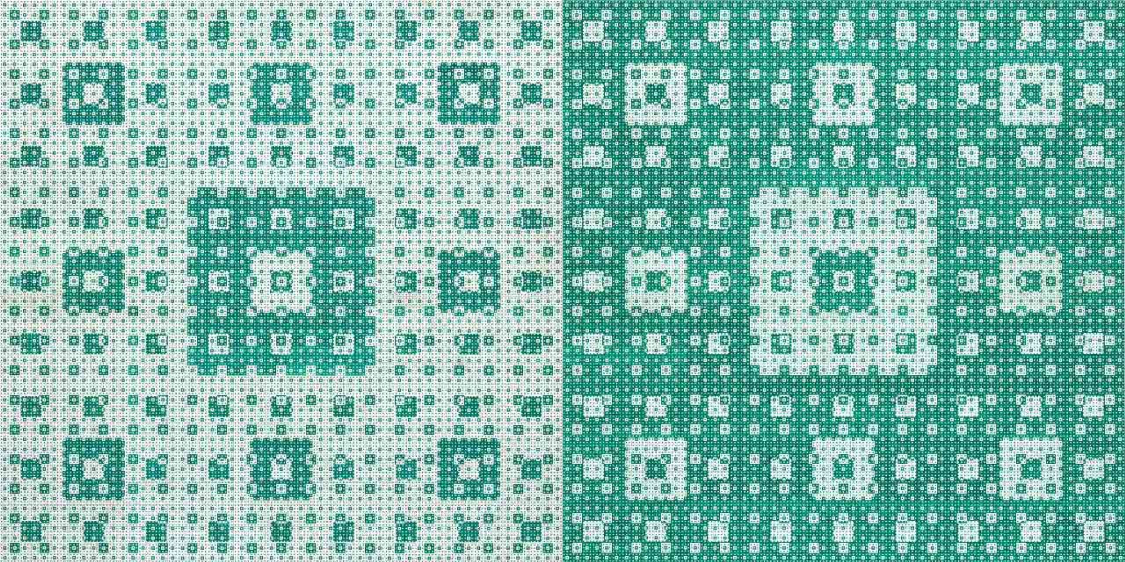 A green nd white abstract drawing with kaleidoscope-like pattern. Two parts, left and right, appear to be inversions of each other.