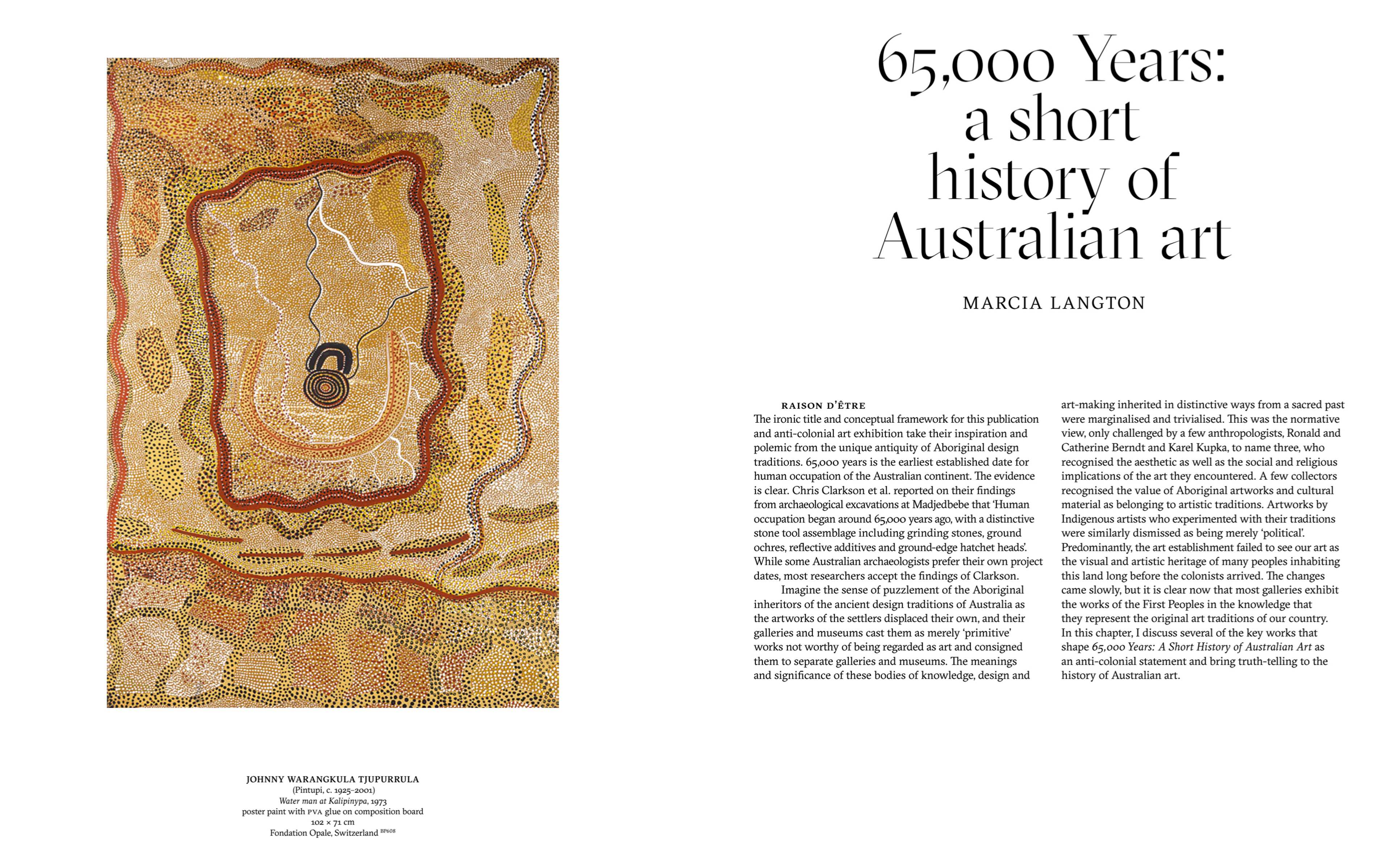 A two-page magazine spread features an Aboriginal dot painting with earthy tones on the left, and text on the right titled 65,000 Years: a short history of Australian art by Marcia Langton.