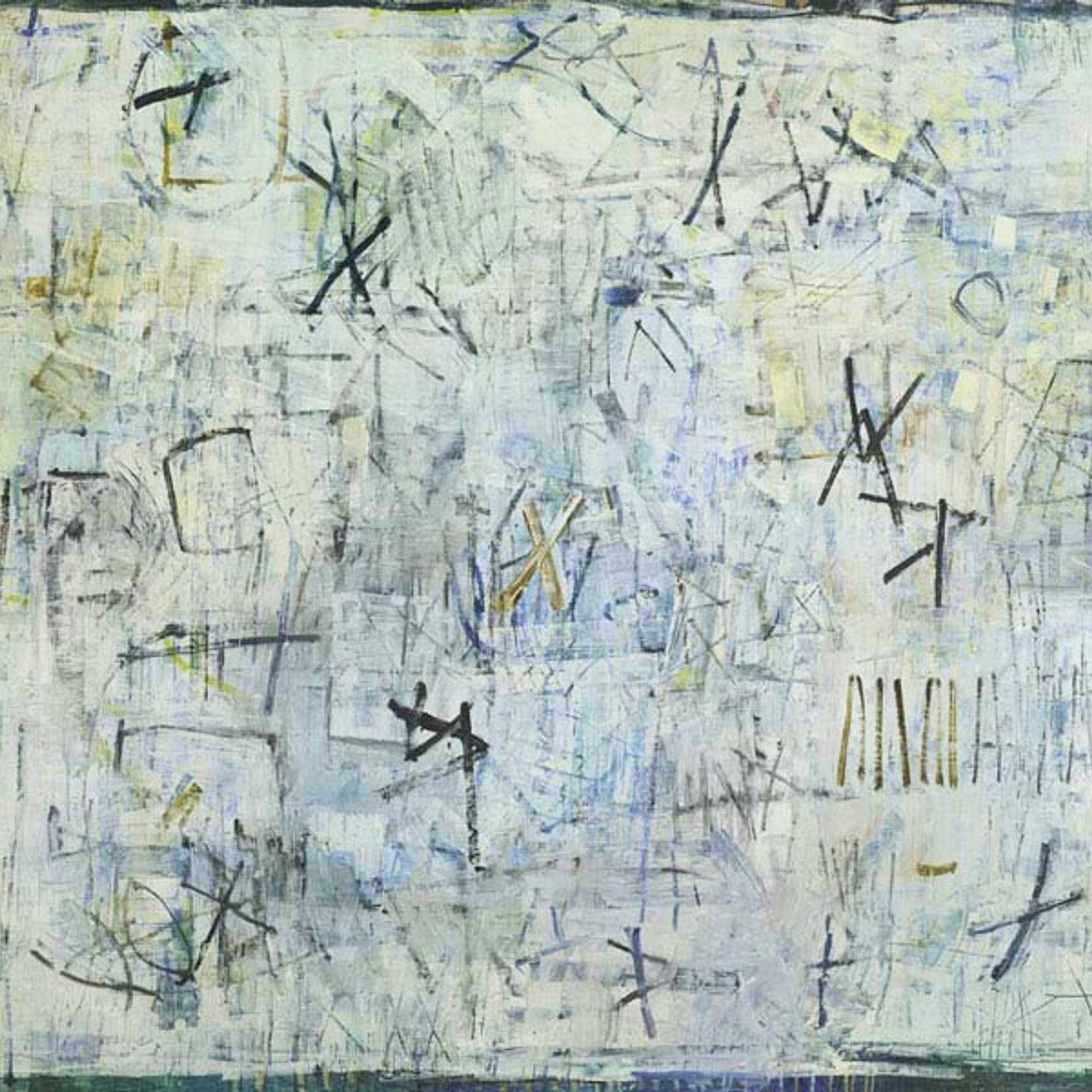 An abstract painting in grey and pale yellow tones with scribble-like marks against lighter background