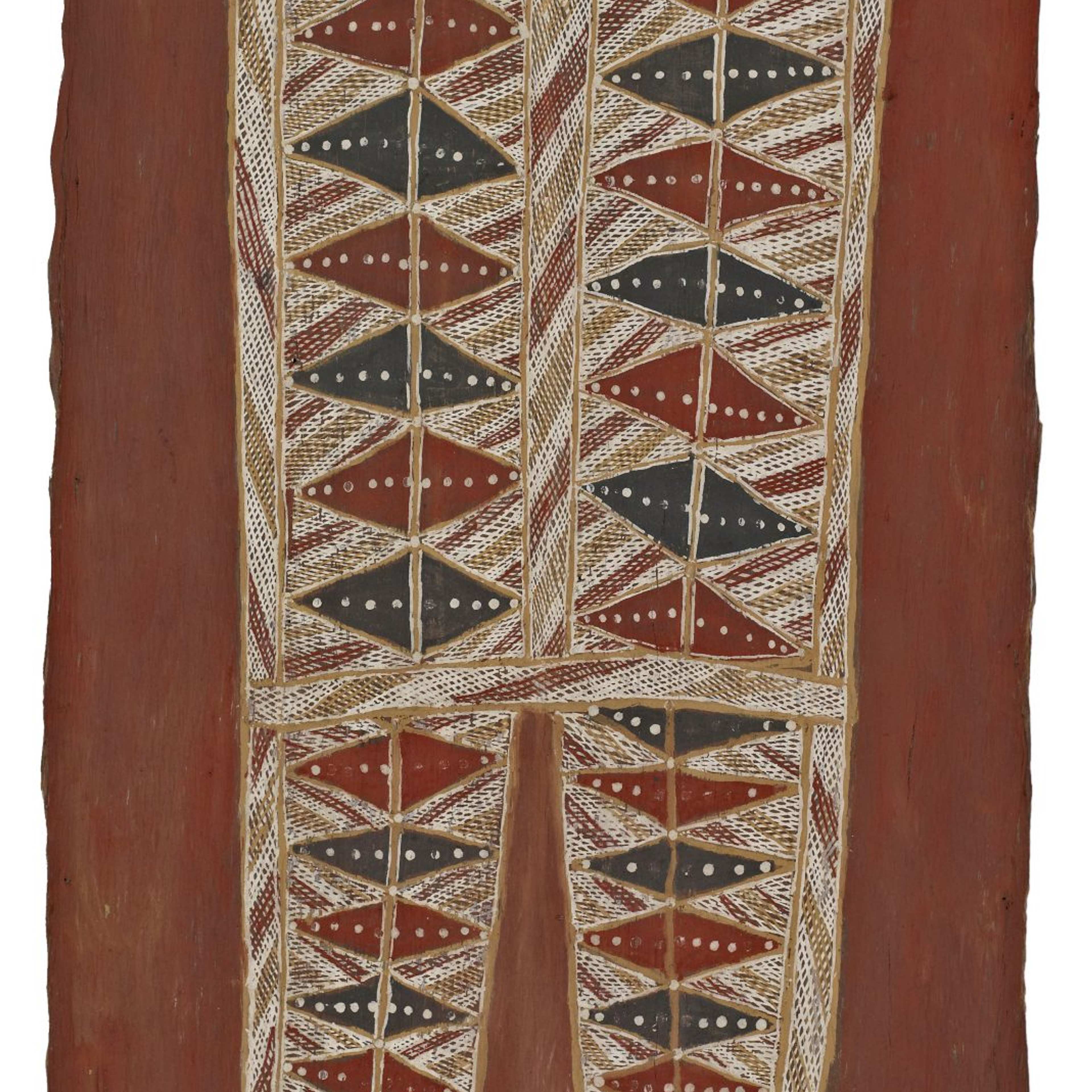 A bark painting featuring abstracted representation of landscape