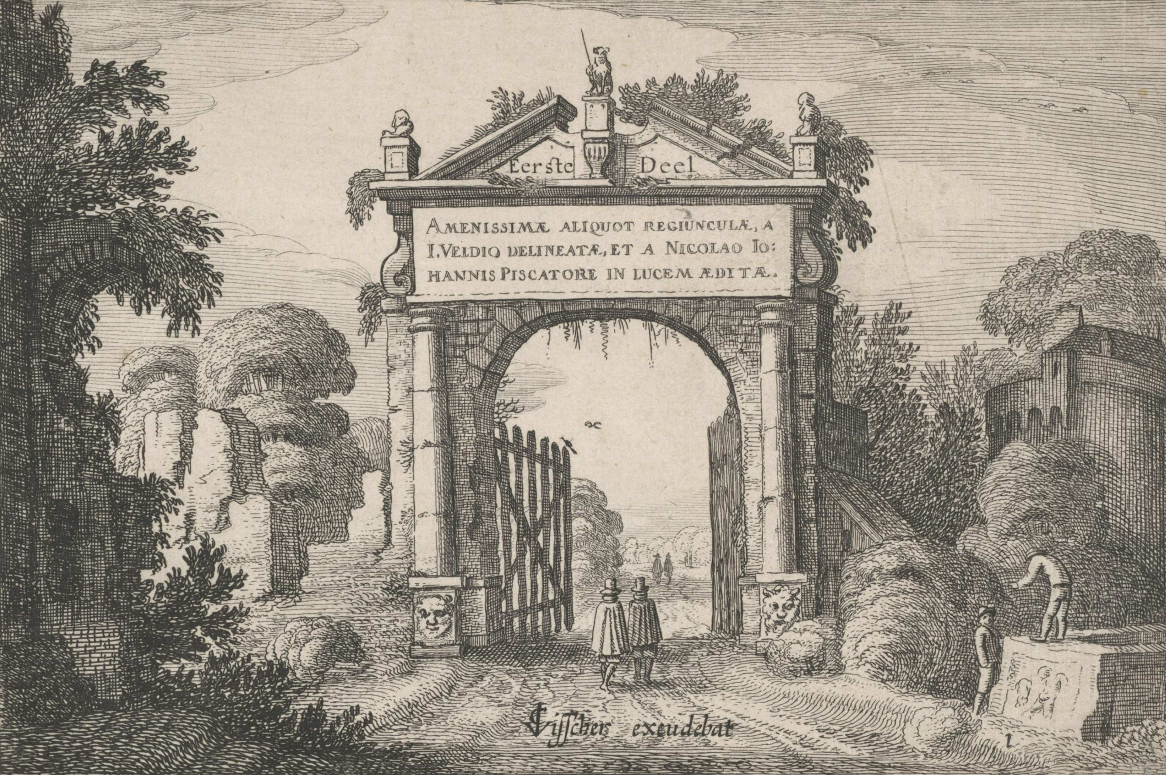 An etching of a landscape with large ancient arch with columns and a portico and wooden gates attached to its middle in the centre of the image.