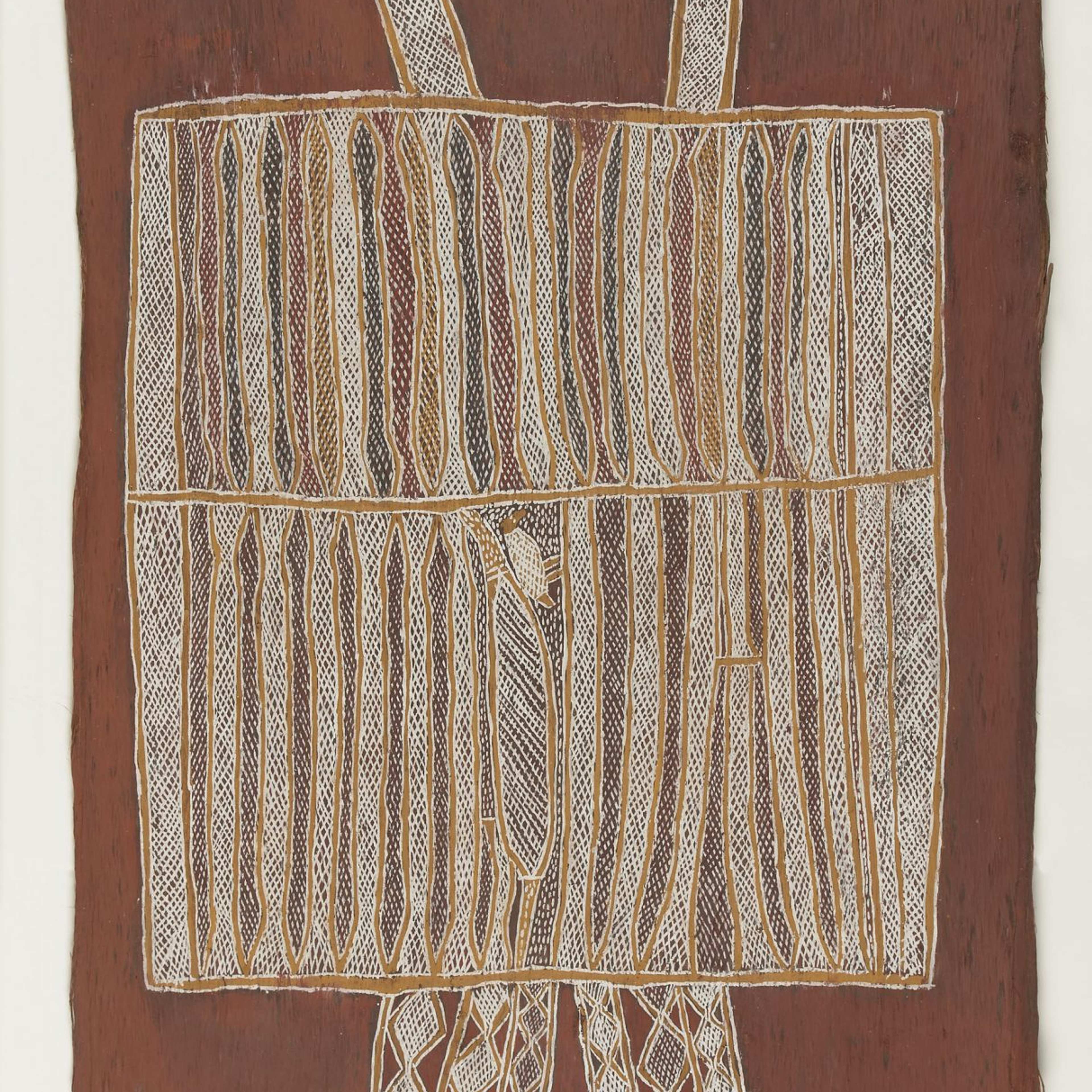 A bark painting featuring abstracted representation of landscape. Abstract artwork on a brown textured background featuring intricate patterns and shapes in white and gold. The design includes vertical and horizontal lines with crisscross and zigzag motifs.