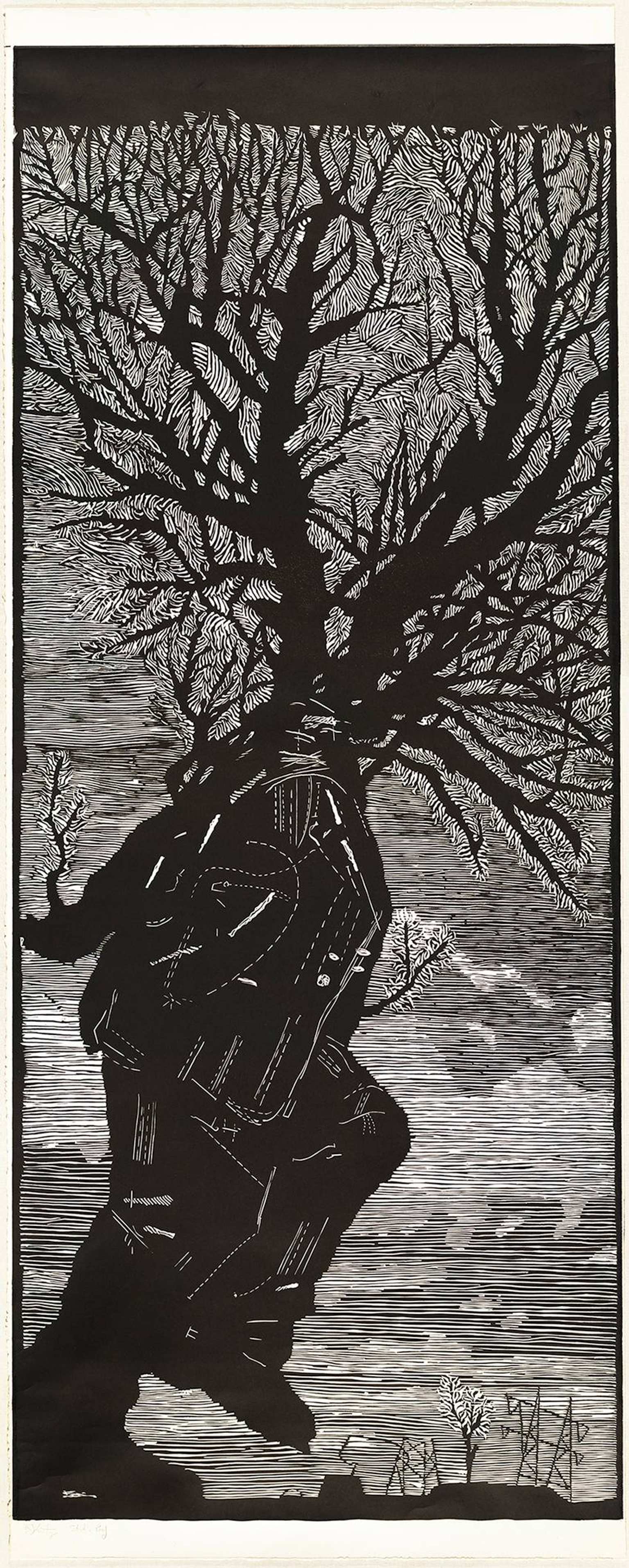 A black and white print of figure of a person with shoulders and head replaced by a tree