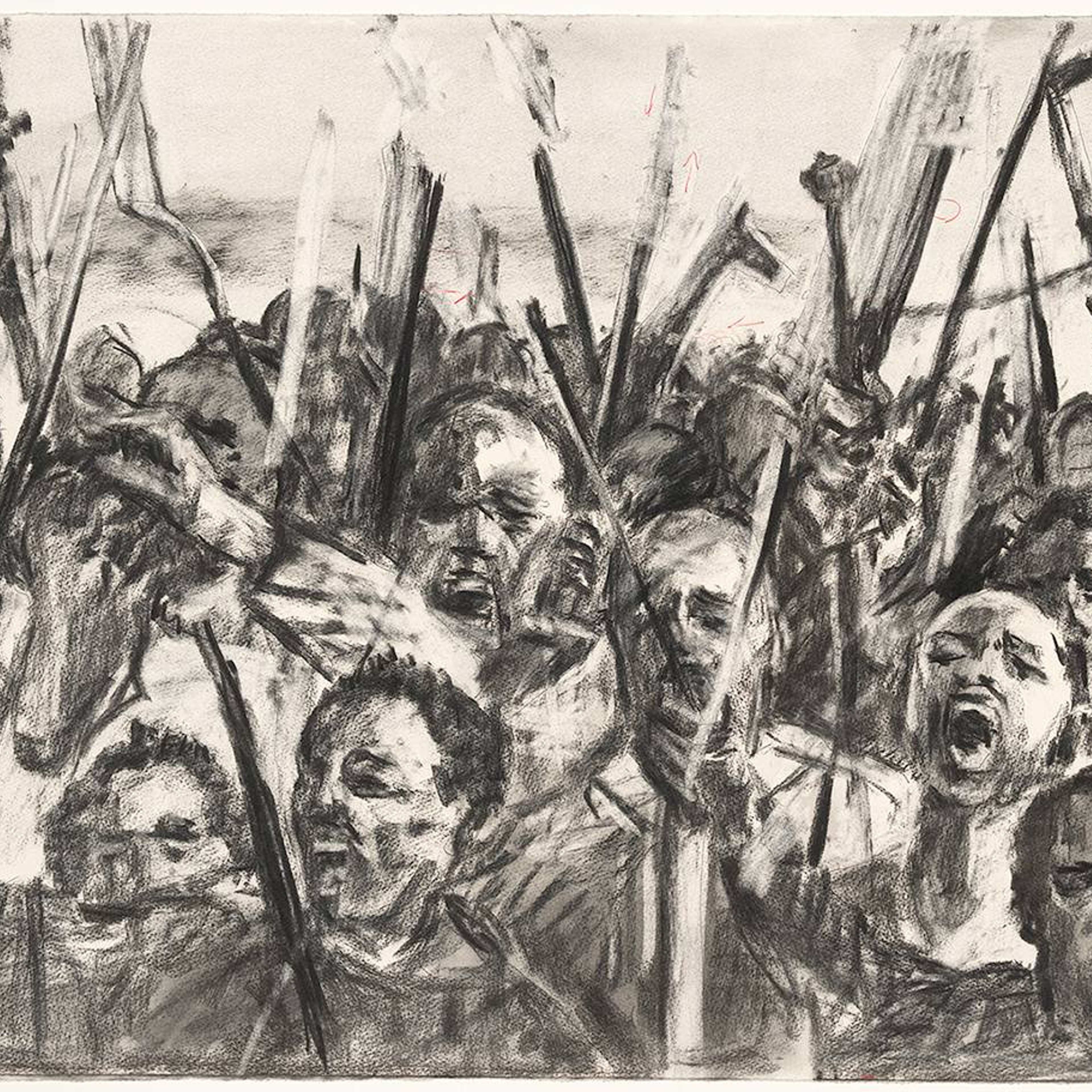 A group of protesters yell and hold up sticks hand drawn with charcoal in black and white