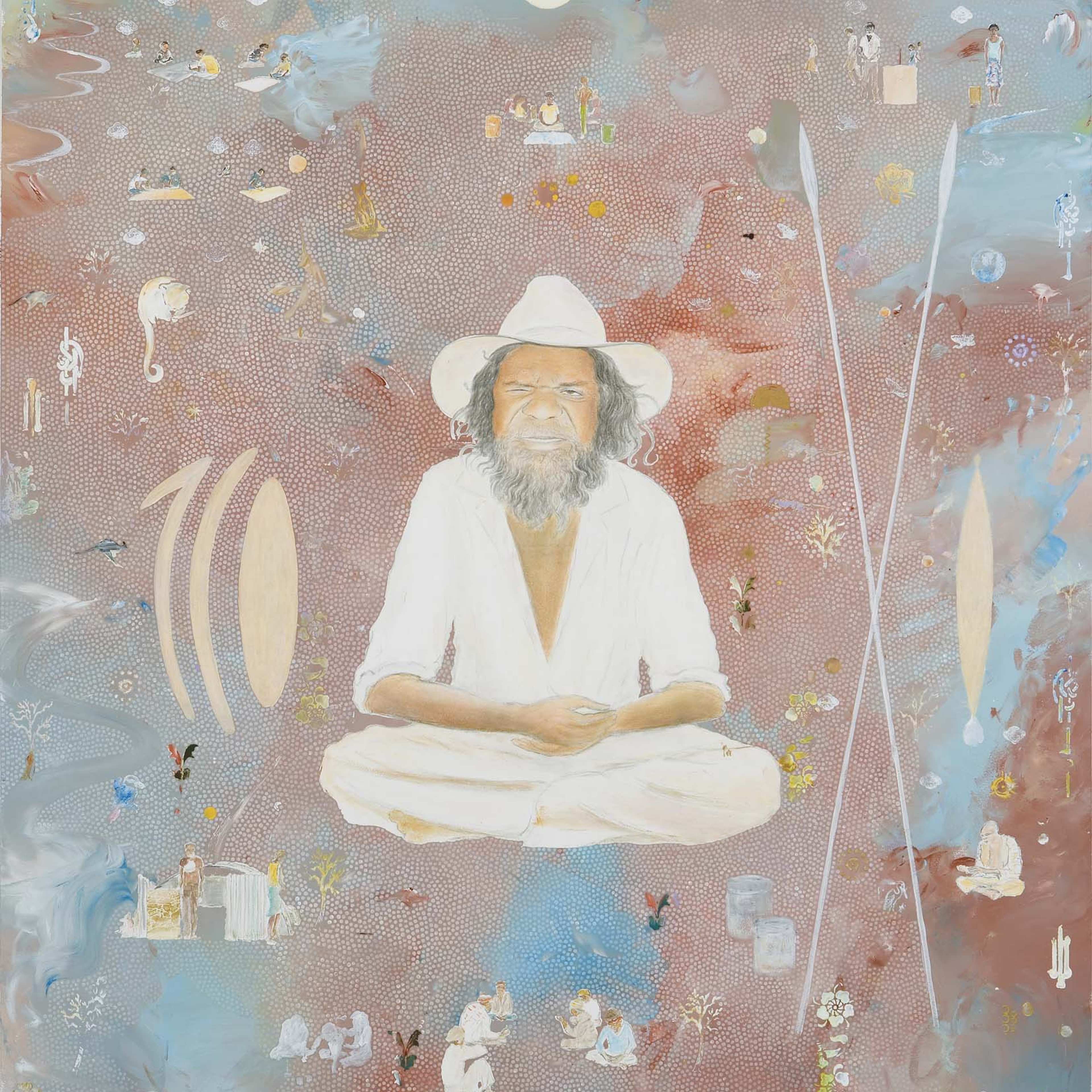 A painted portrait of a black person with a beard seated cross-legged. A figure is floating on an abstract background of faded reds and blues and is surrounded by crossed spears and other objects.