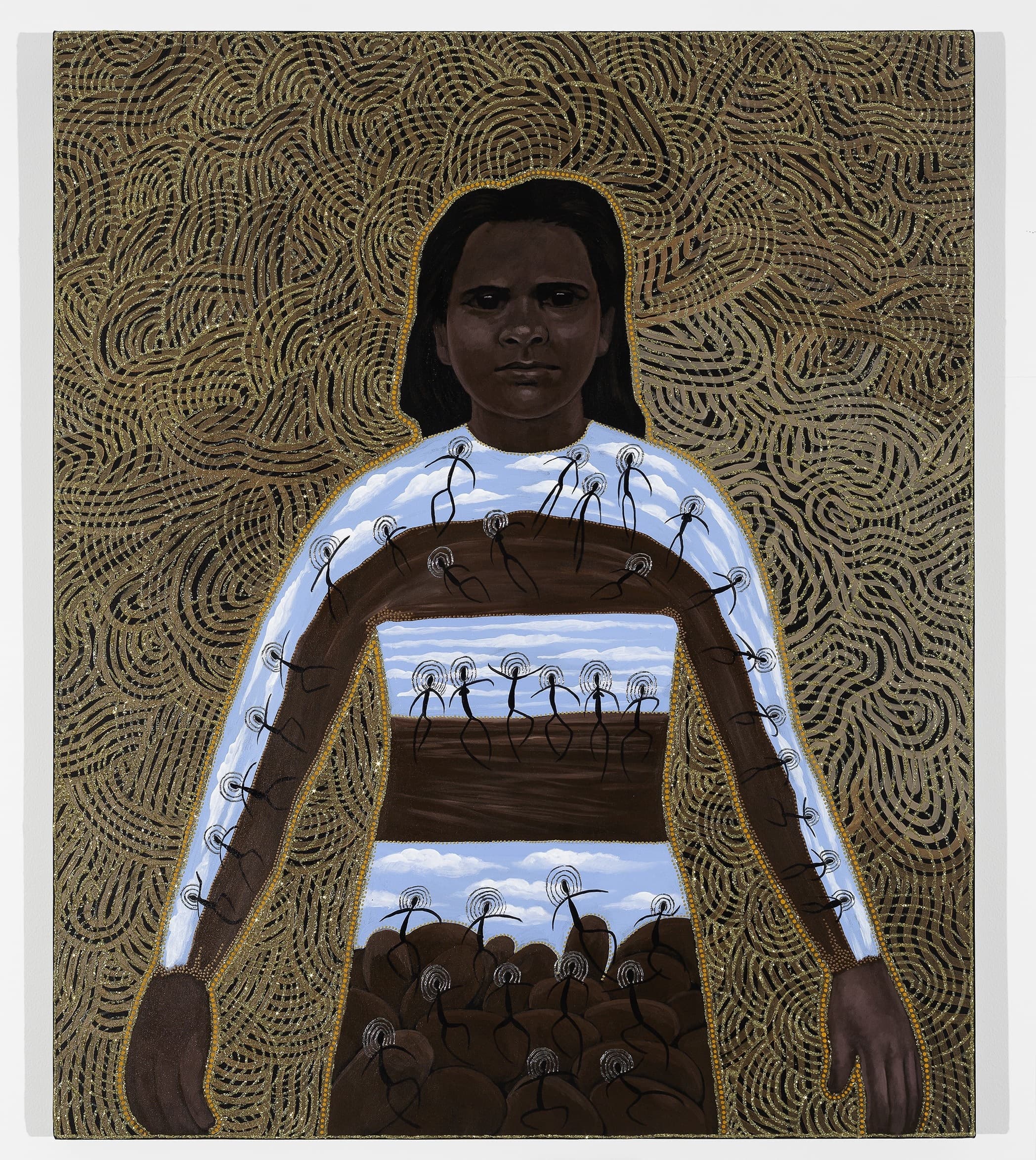 A portrait of a person with brown skin, dark hair, and a serious expression. Their body is painted with white and brown bands featuring stylized plant motifs, standing against a swirling, earth-toned patterned background.