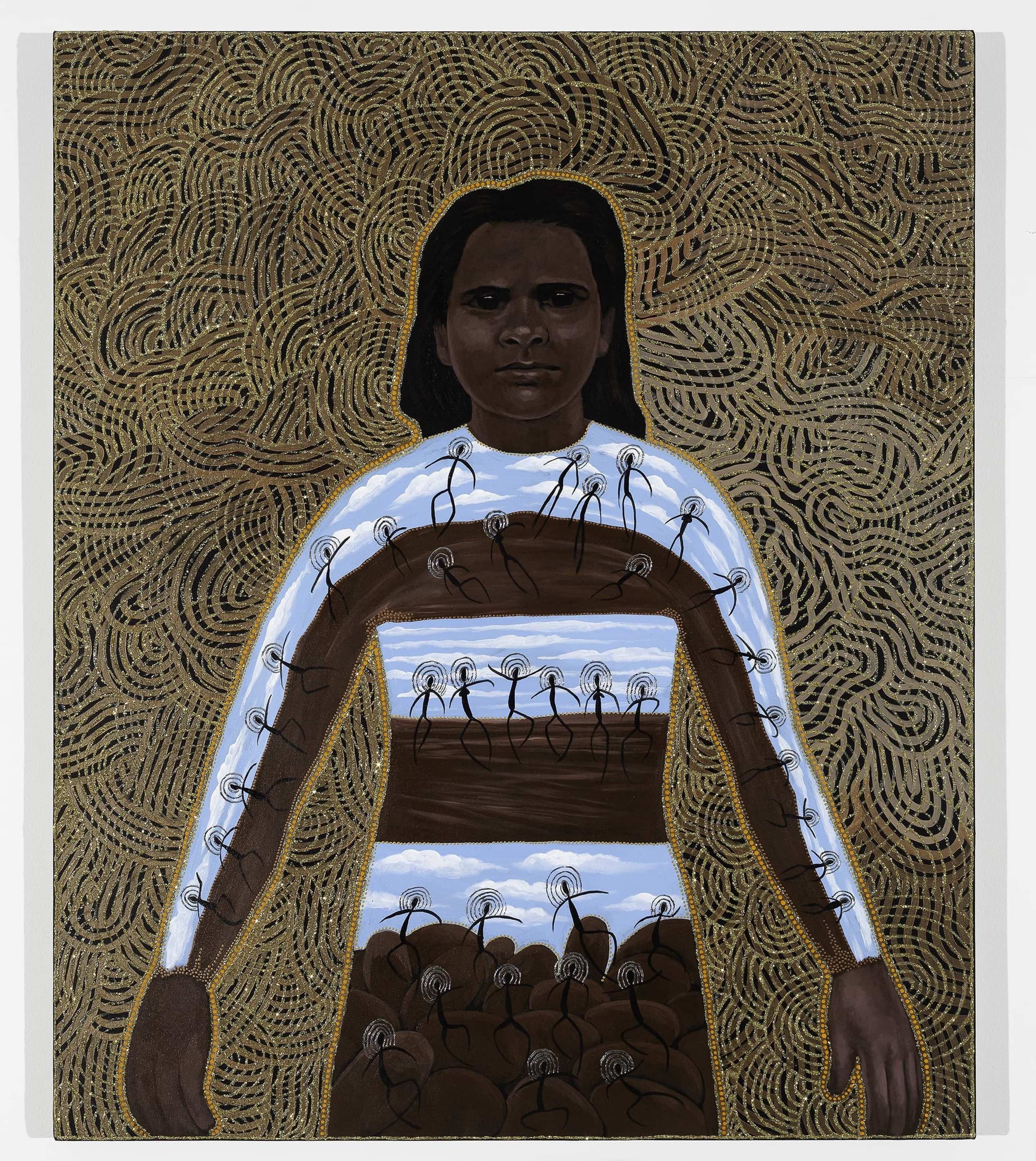 A portrait of a person with brown skin, dark hair, and a serious expression. Their body is painted with white and brown bands featuring stylized plant motifs, standing against a swirling, earth-toned patterned background.
