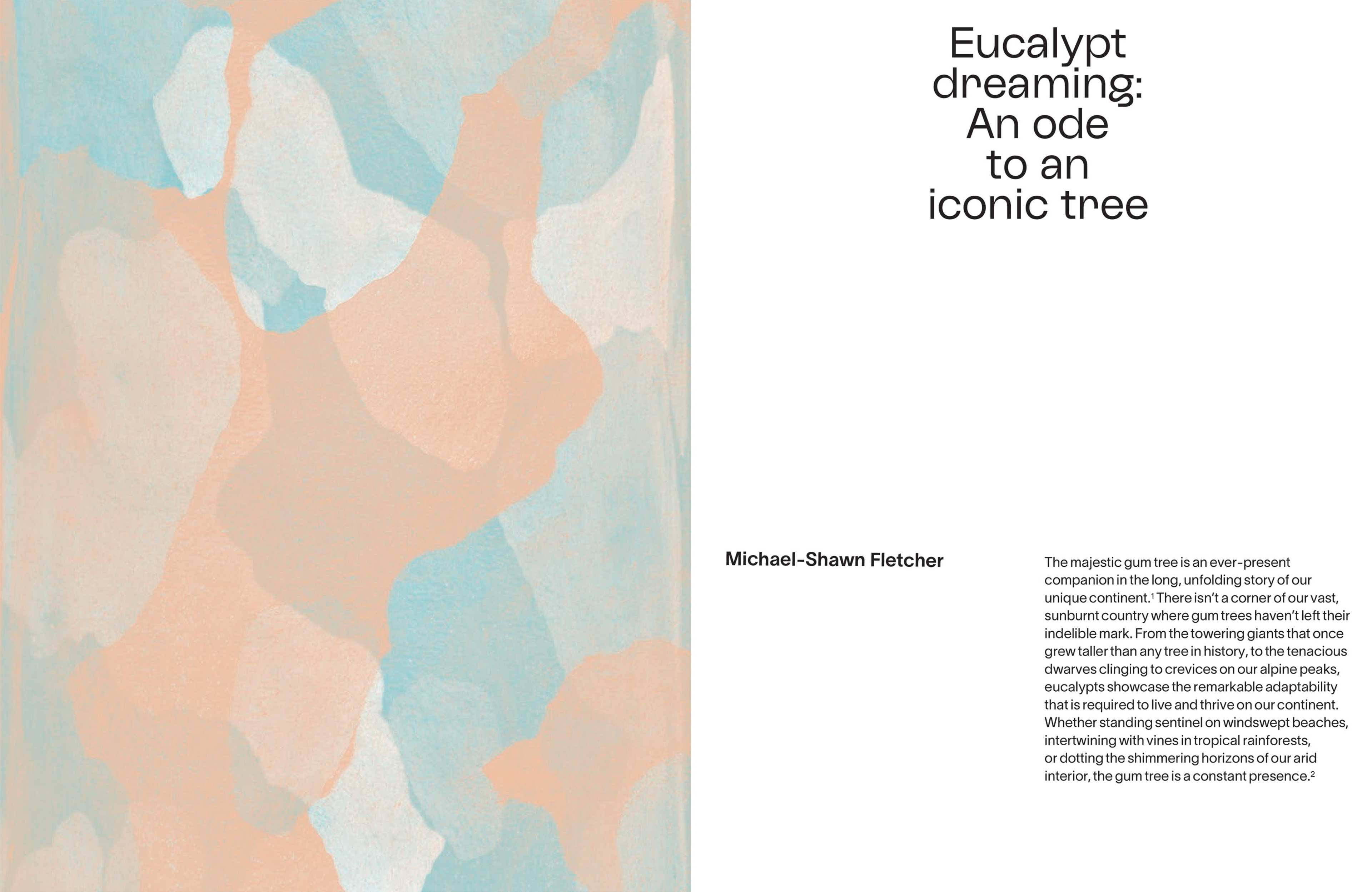Abstract pastel artwork in peach, blue, and beige tones on the left; on the right, the title “Eucalypt dreaming: An ode to an iconic tree” with text by Michael-Shawn Fletcher about the cultural significance of eucalyptus.