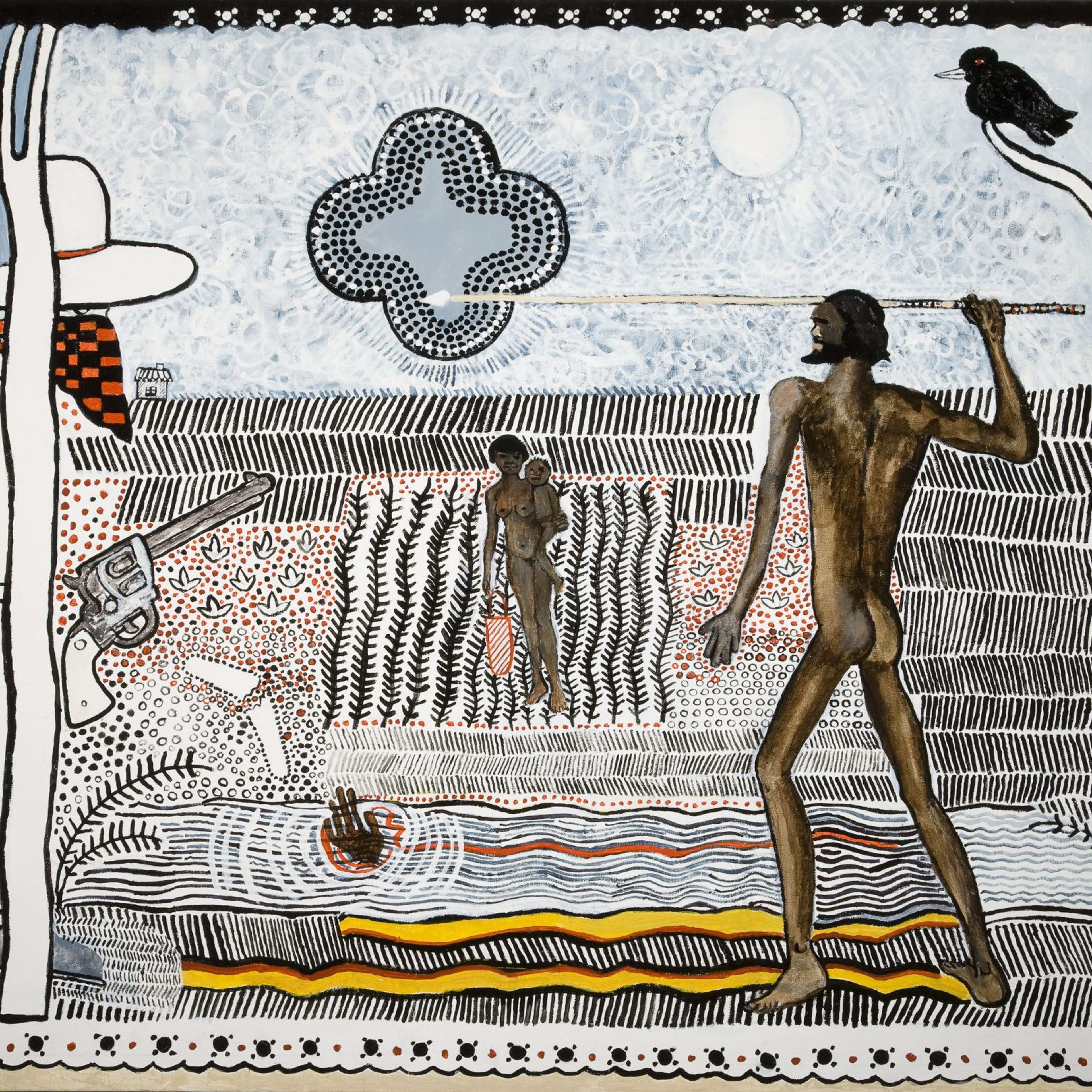 A painting of a stylised landscape featuring a person with a pistol in a cowboy hat hiding in vegetation and a nude black person with a spear turned towards them, with another black figure holding a child in the distance