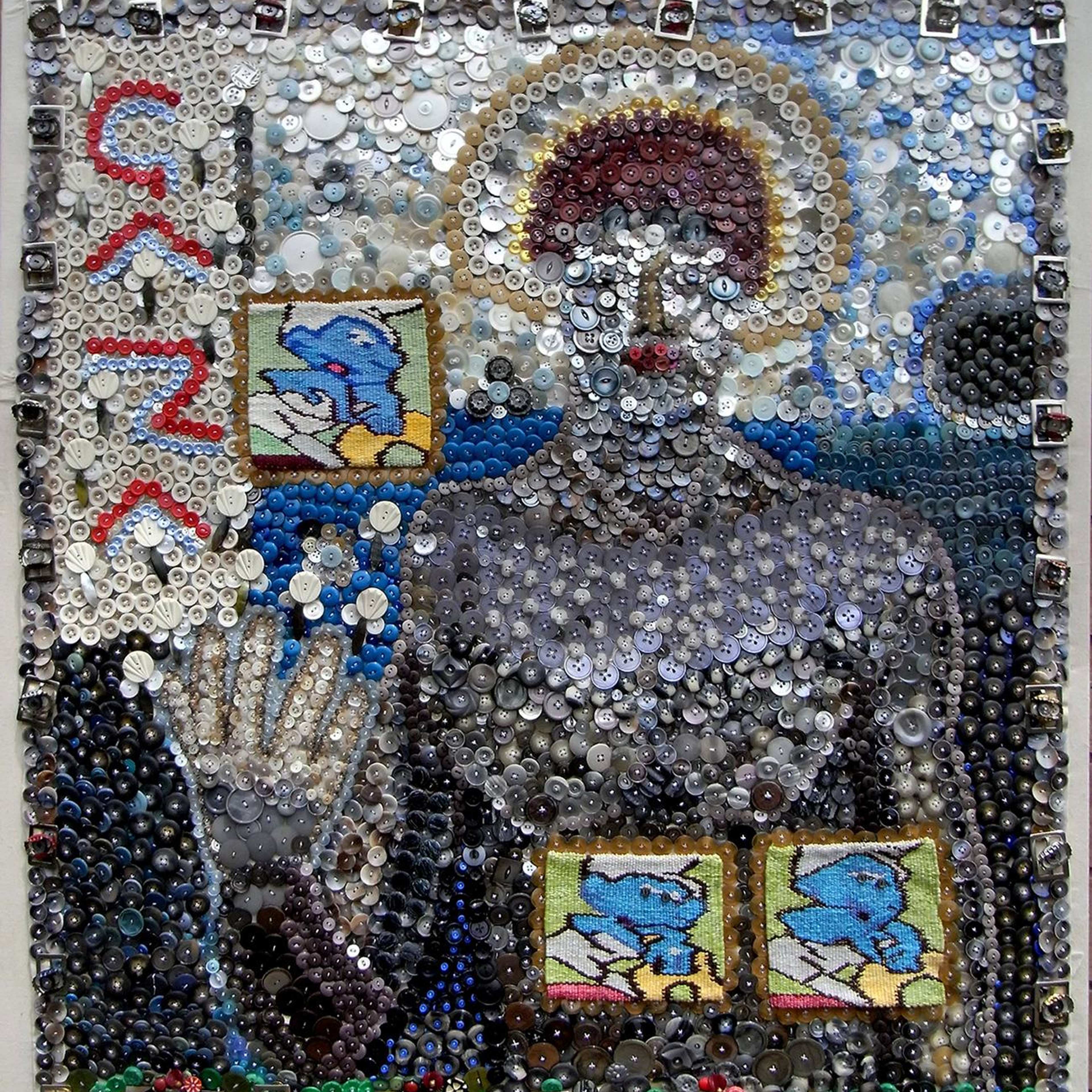 A collage made up of buttons featuring an image reminiscent of icons of Christ