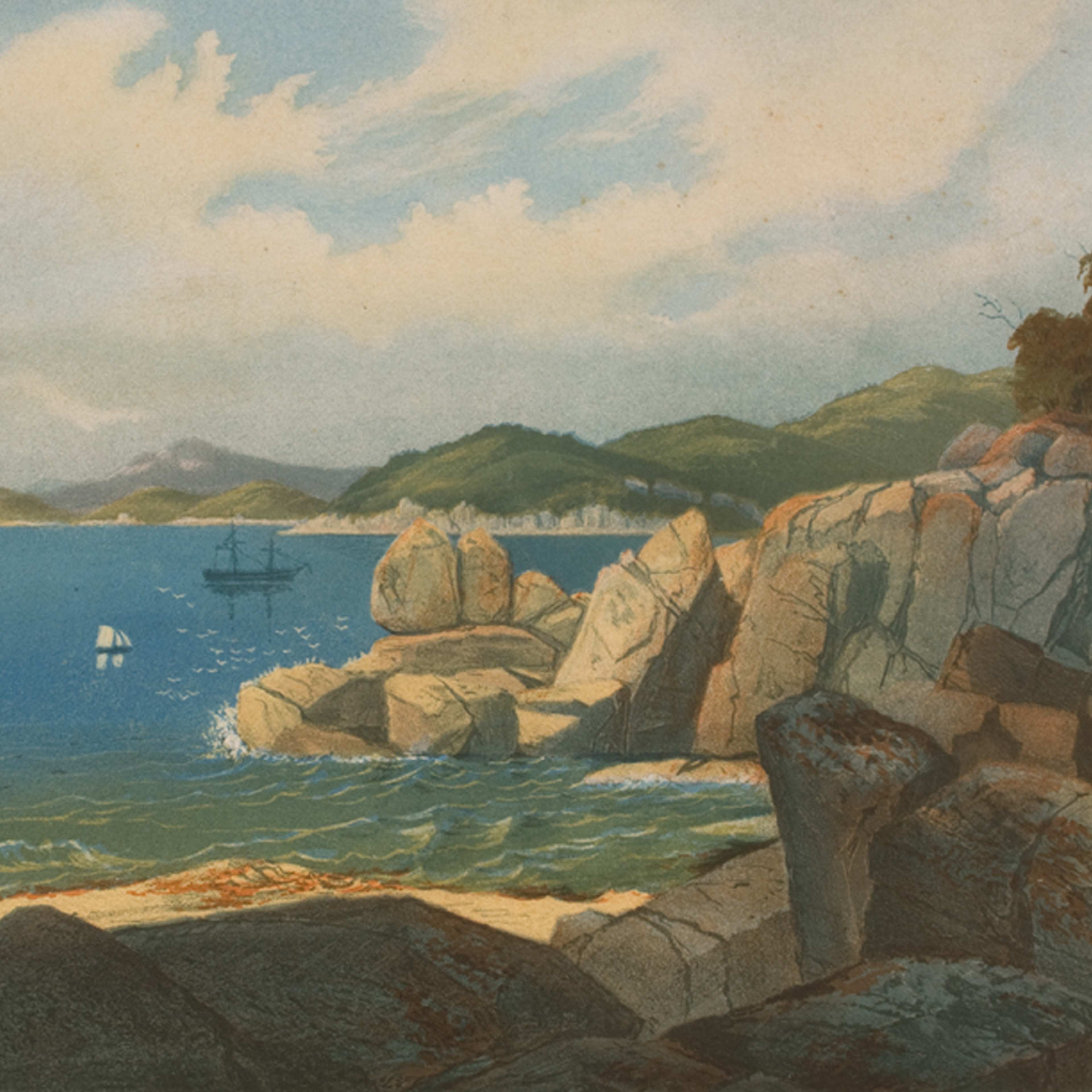 A watercolour of a rocky shore with a sailing ship and a smaller boat in the distance