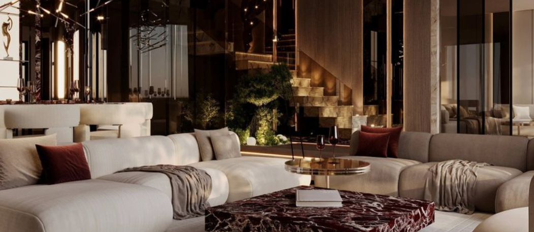 A spacious Dubai villa interior showcasing large-scale luxury furniture arranged in a cohesive, architecturally harmonious design.