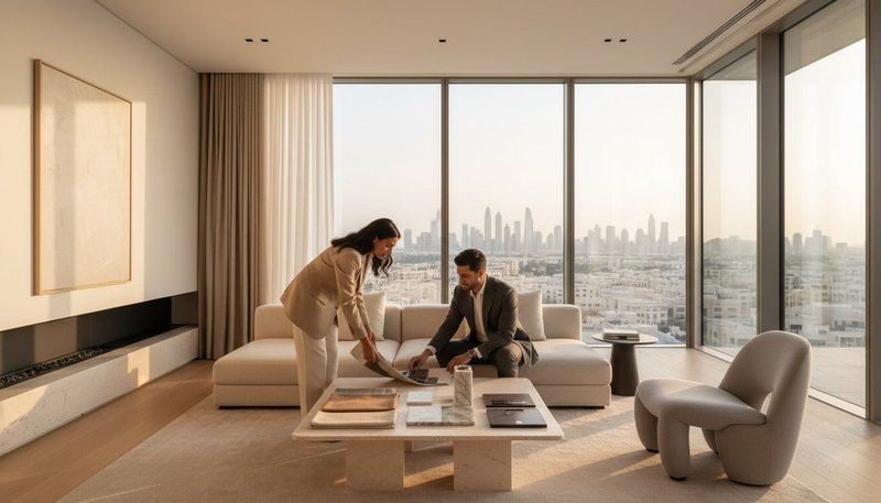 An elegant luxury furniture showroom in Dubai featuring a contemporary sectional sofa in neutral tones, marble side tables, brass lighting fixtures, abstract artwork, and high-end décor.