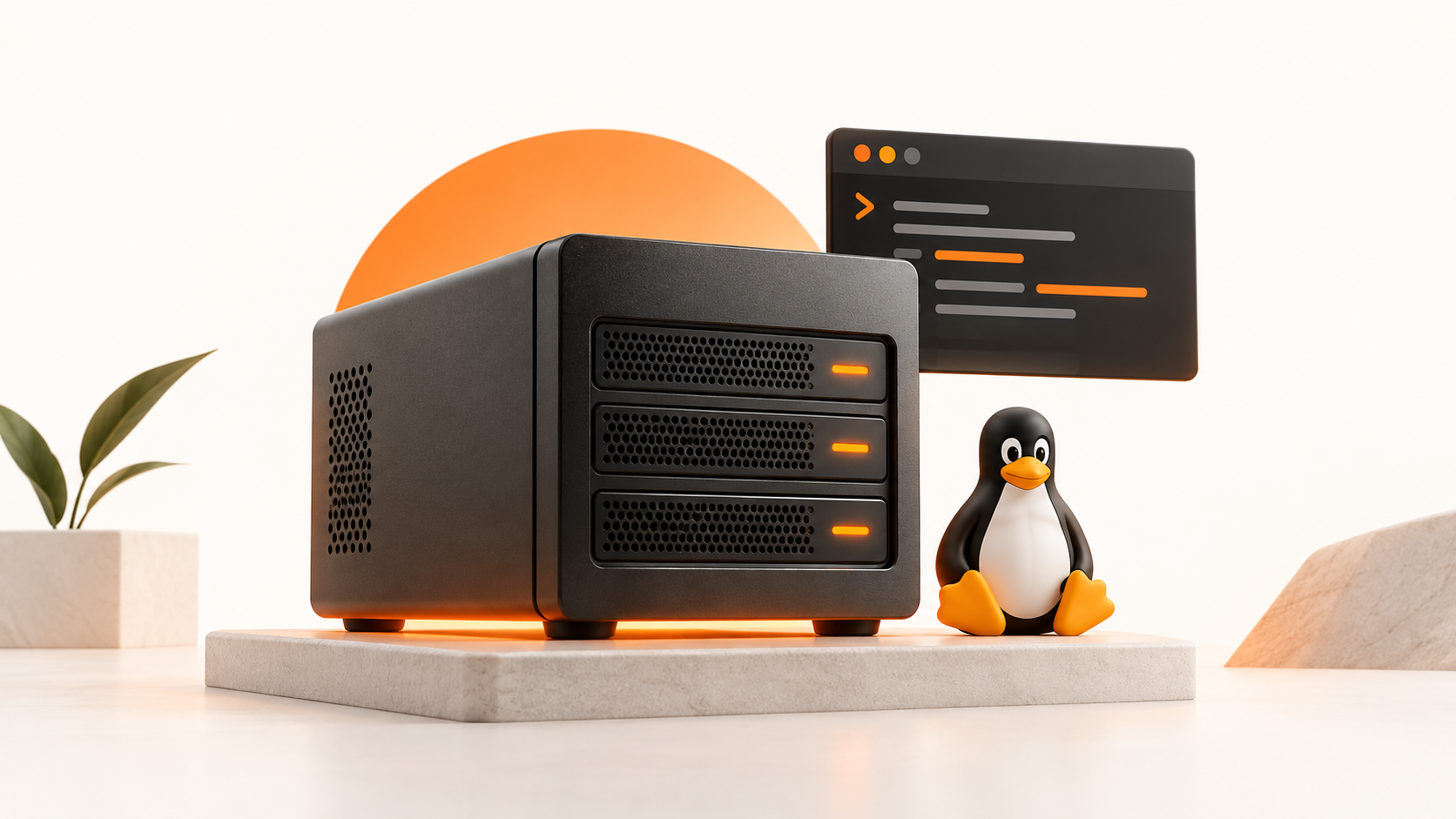 Linux server beside the Tux penguin and a terminal window.