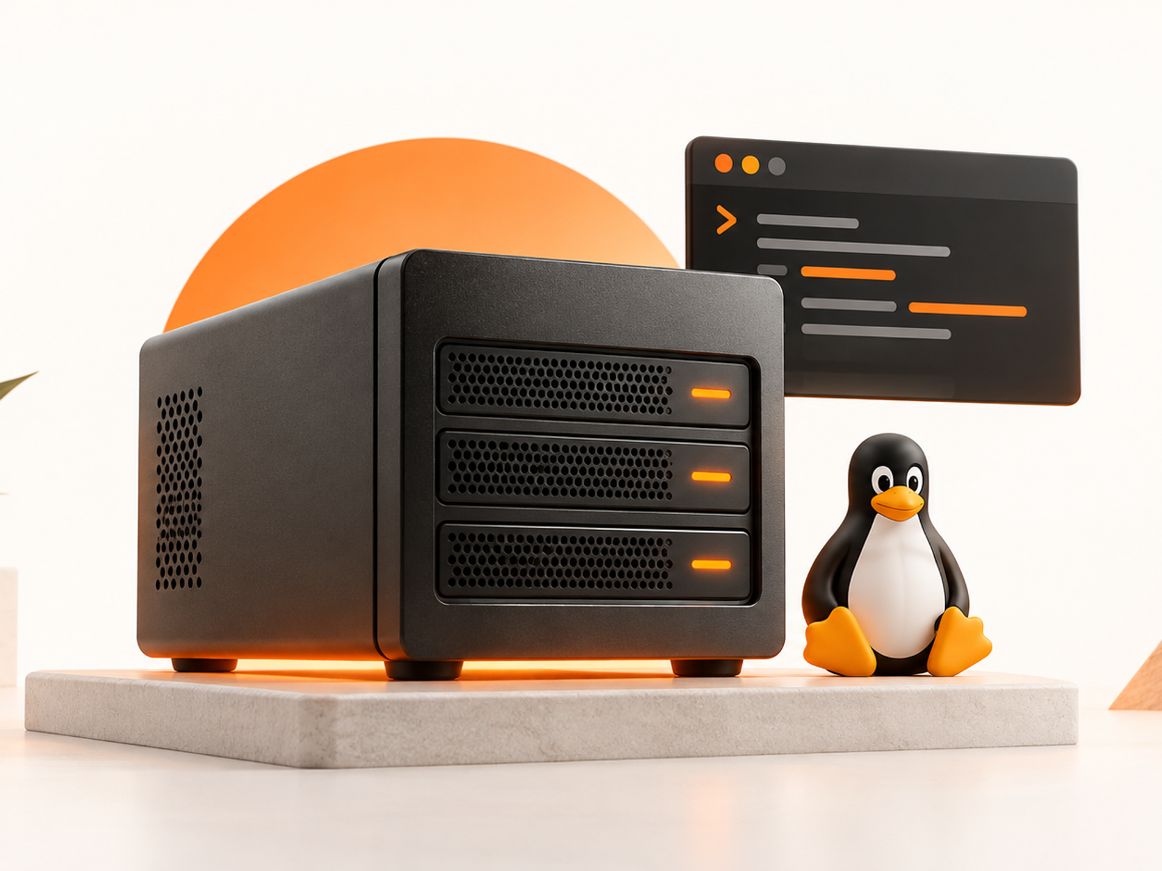 Linux server beside the Tux penguin and a terminal window.