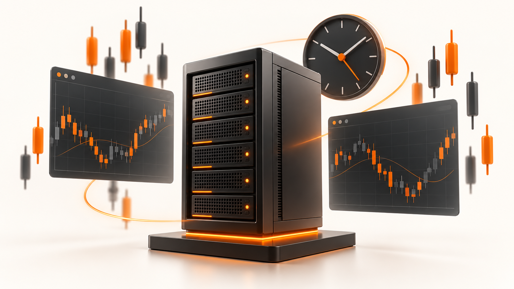 Server surrounded by candlestick trading charts and a clock.