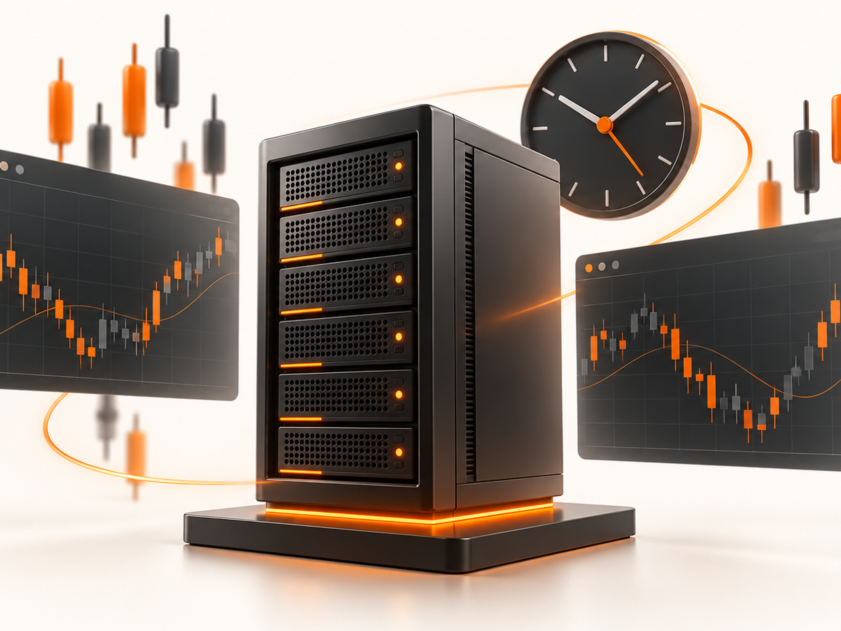 Server surrounded by candlestick trading charts and a clock.