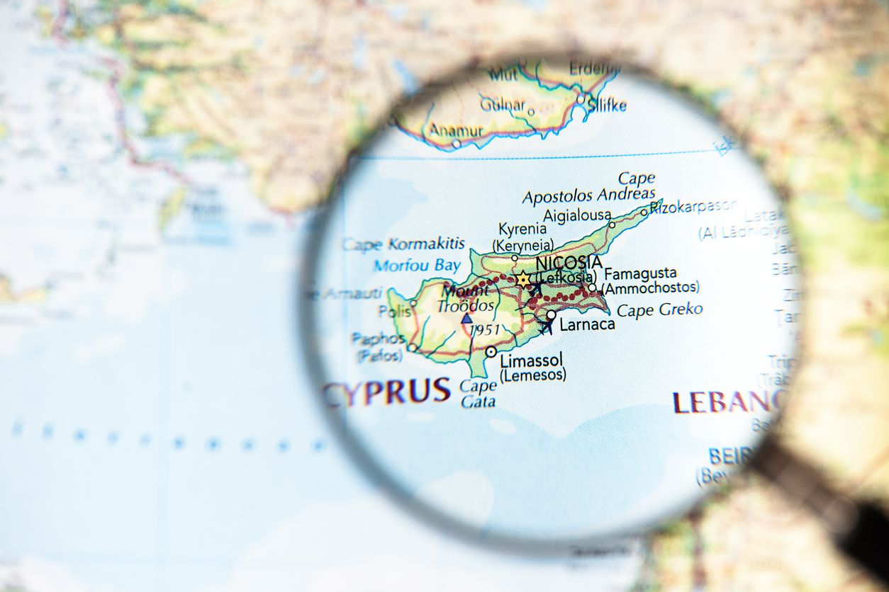Map of Cyprus under magnifying glass showing Limassol