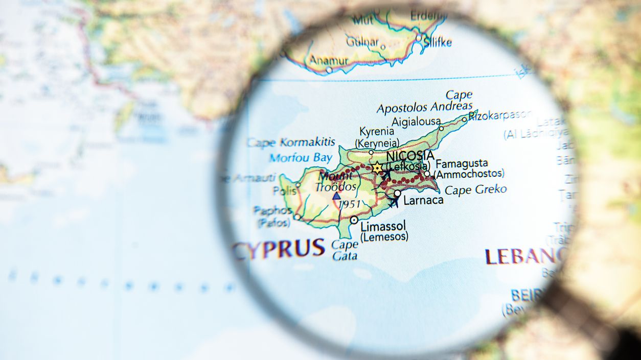 Map of Cyprus under magnifying glass showing Limassol