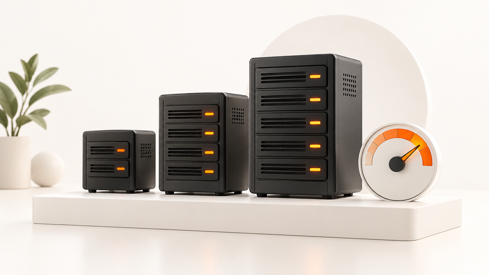 Three server units of increasing size beside a performance gauge.