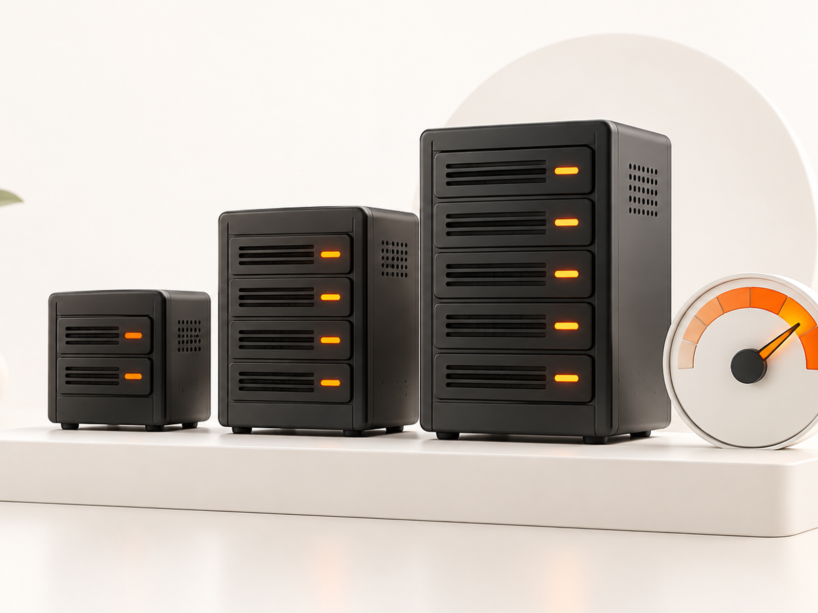Three server units of increasing size beside a performance gauge.