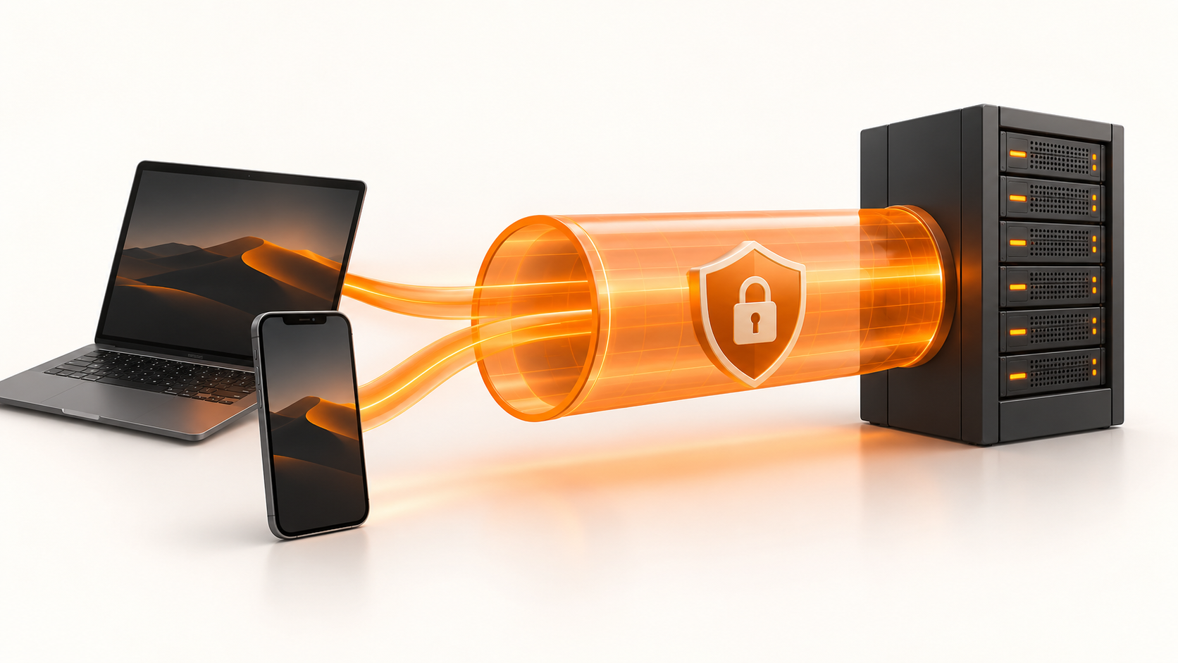 Laptop and phone connected to a server through an orange VPN tunnel with a lock.